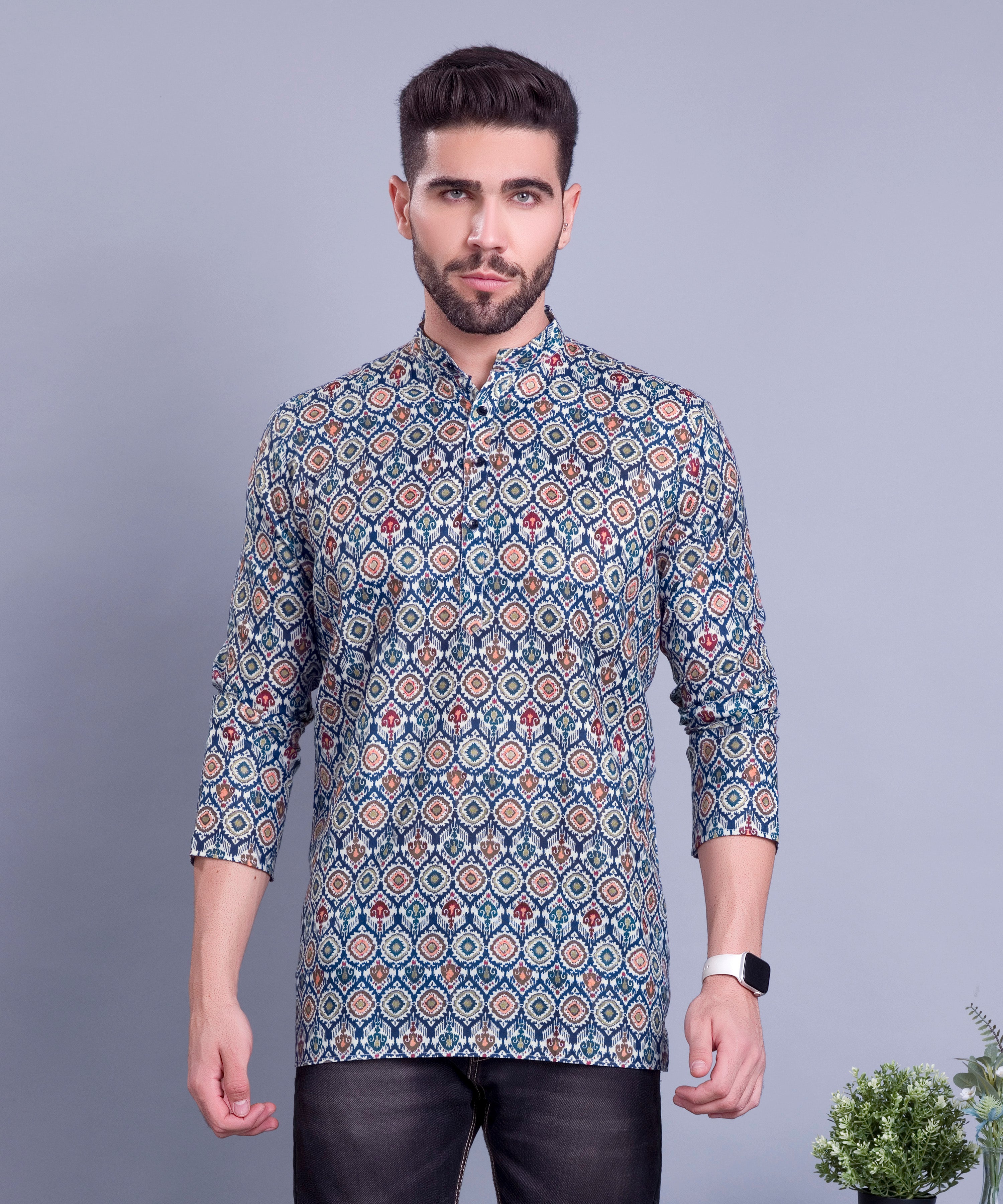Multi Green Indi Print Short Cotton Kurta