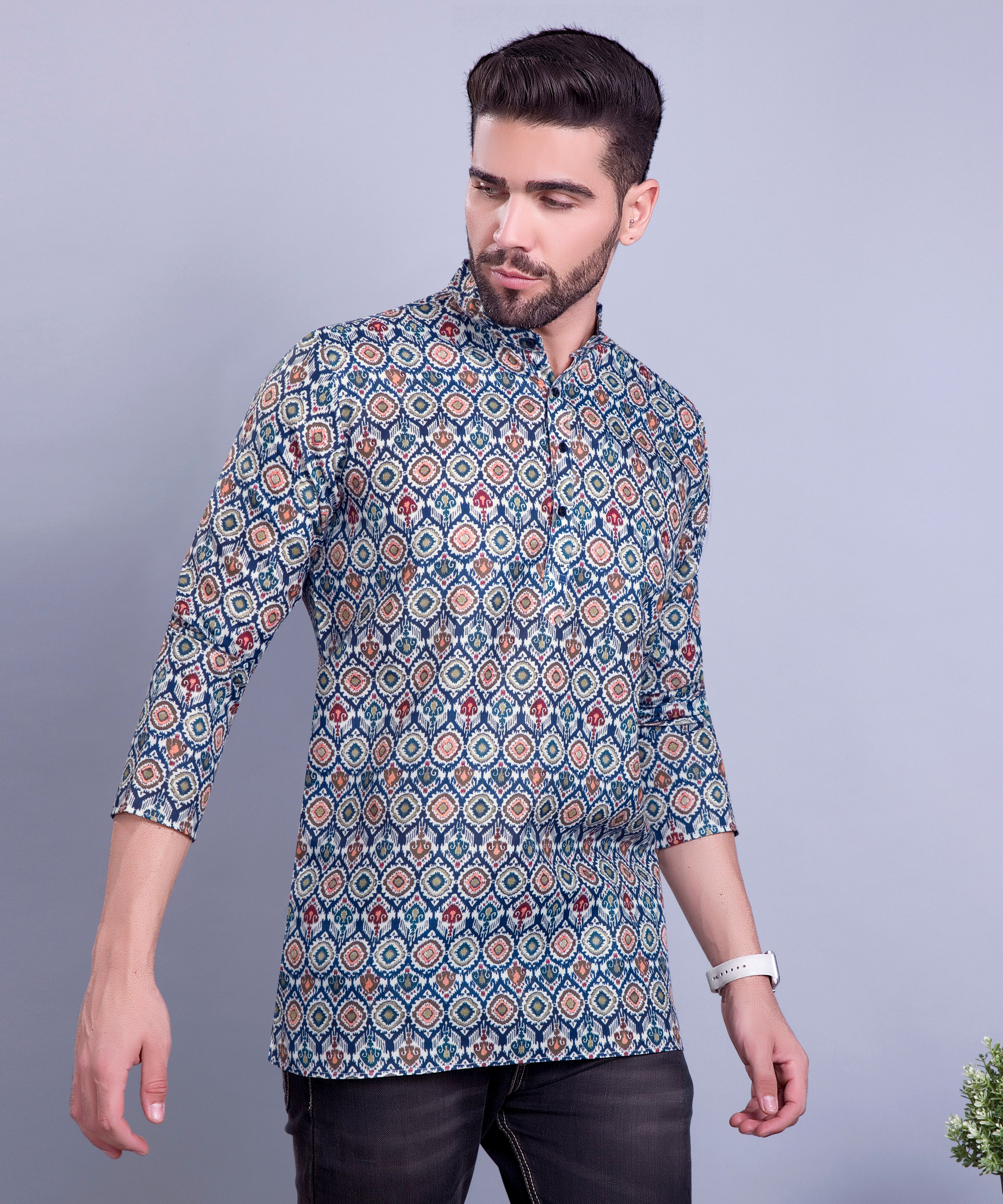 Multi Green Indi Print Short Cotton Kurta