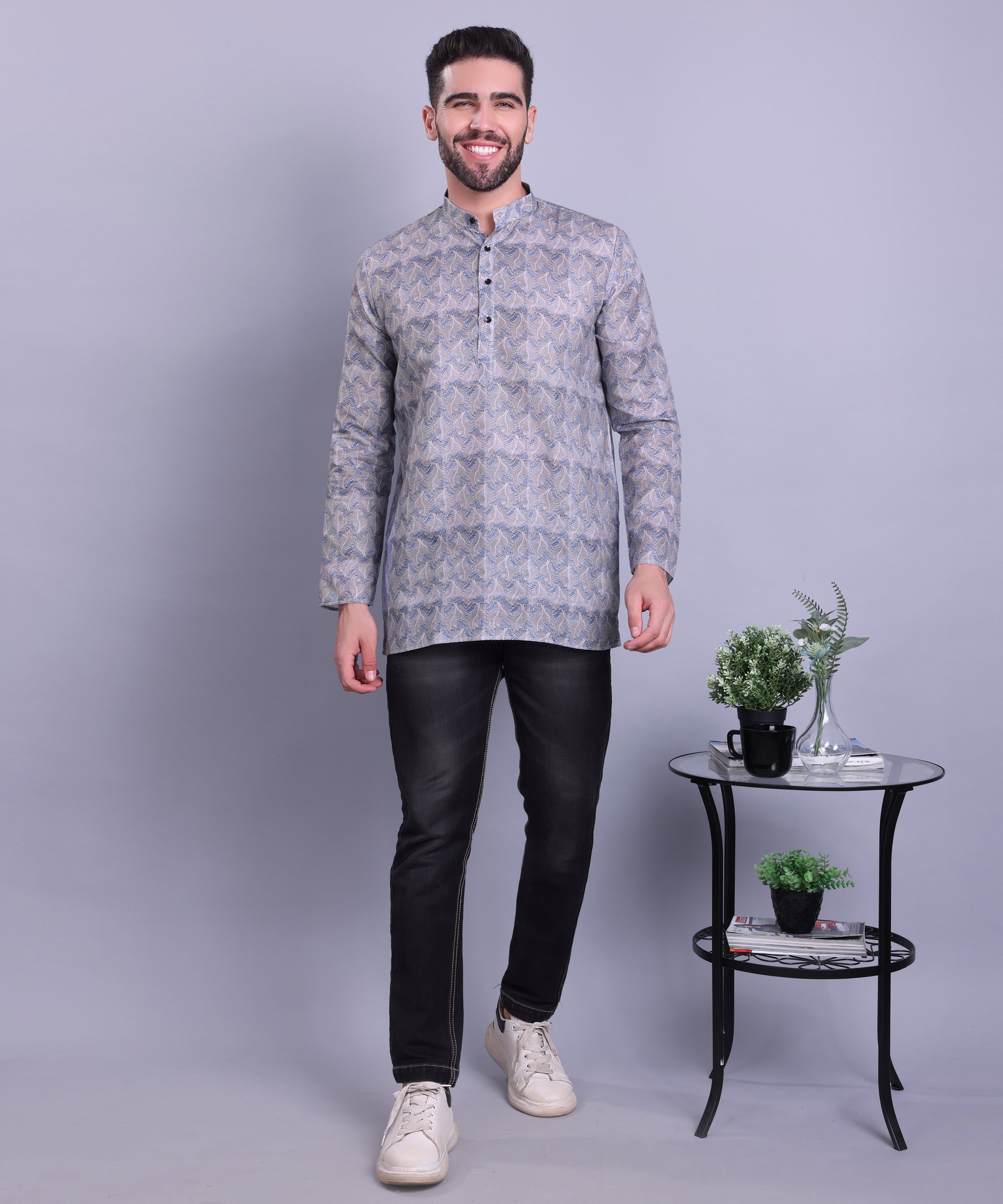 Metal Grey Indi Print Short Cotton Kurta