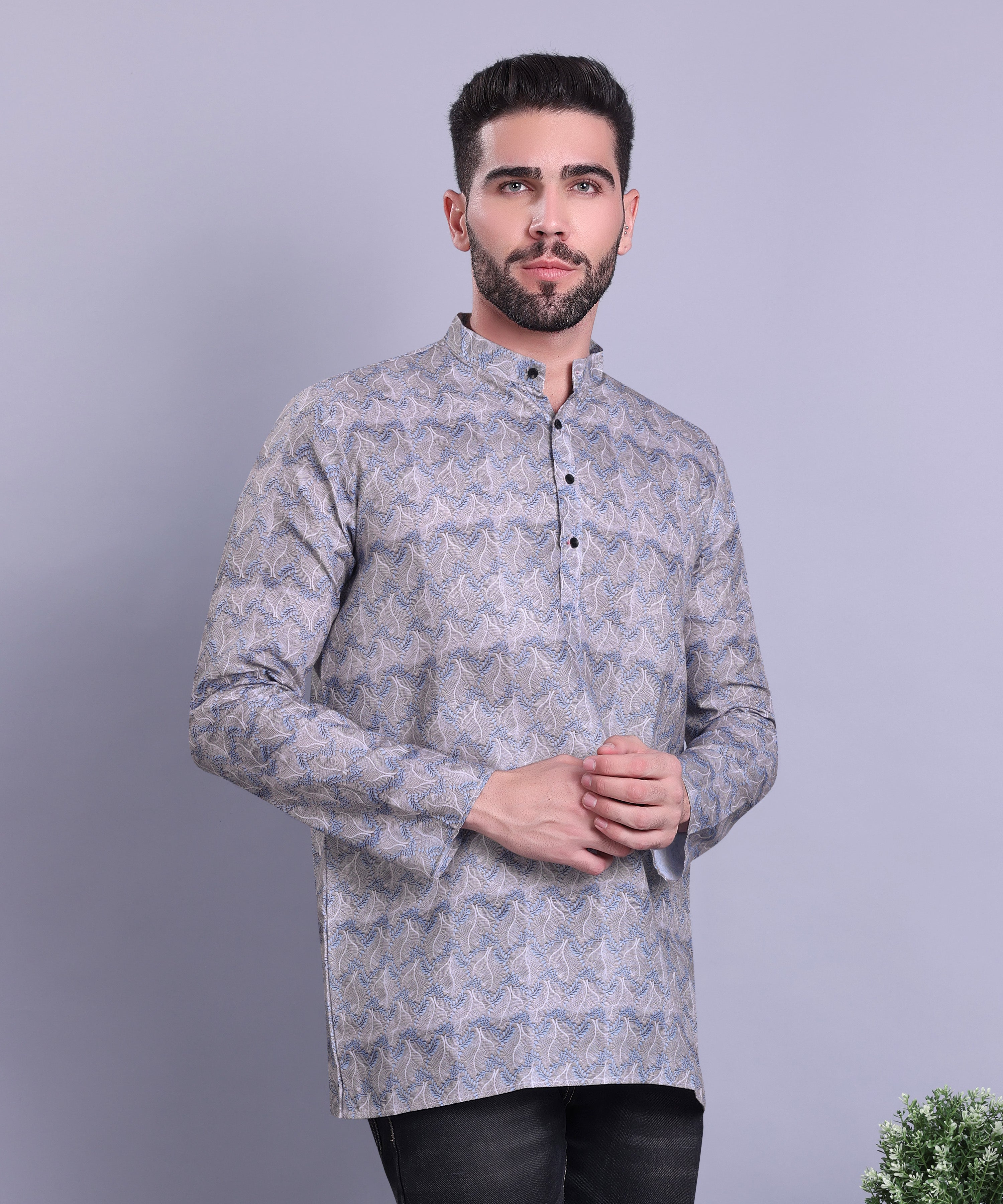 Metal Grey Indi Print Short Cotton Kurta