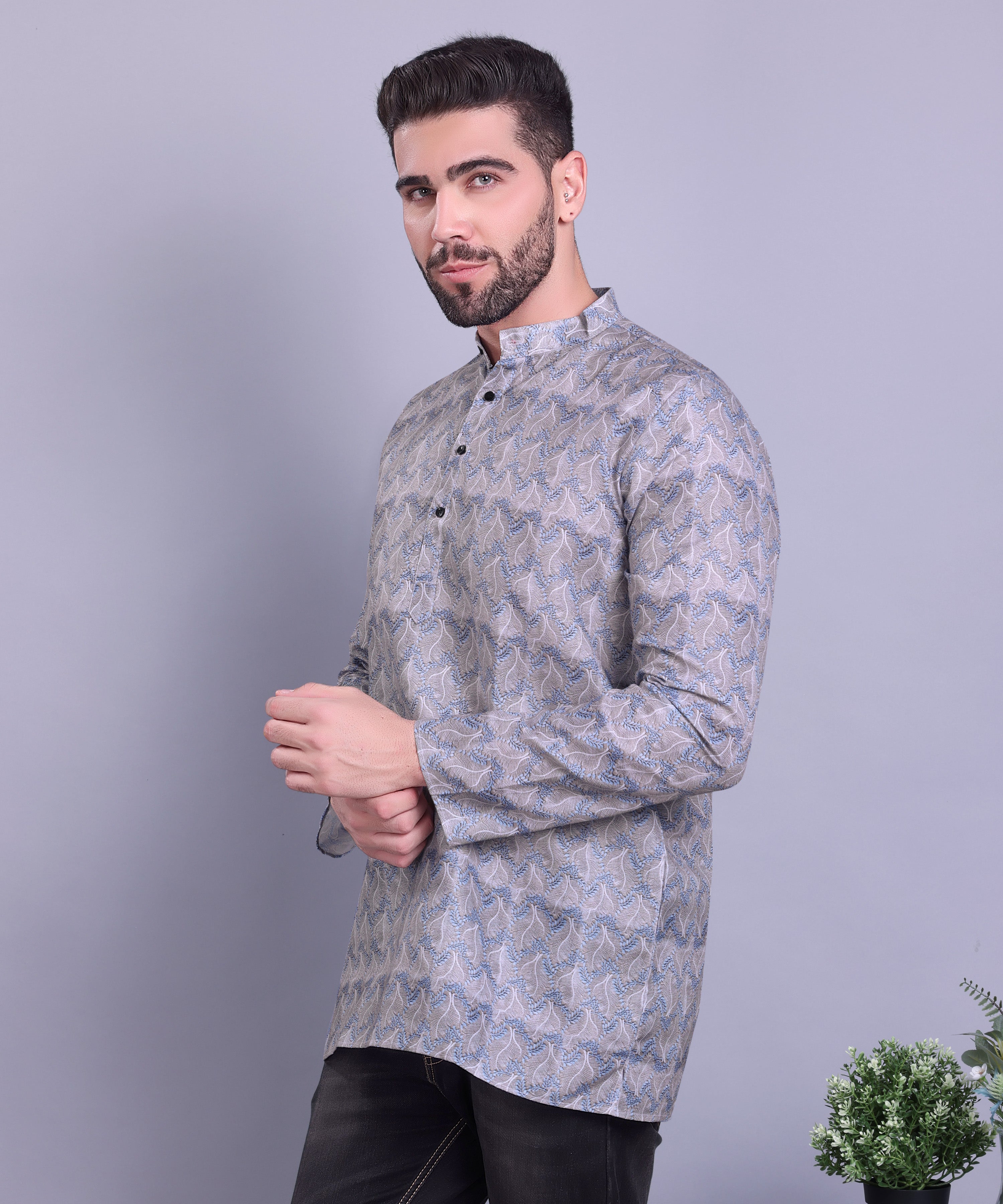 Metal Grey Indi Print Short Cotton Kurta