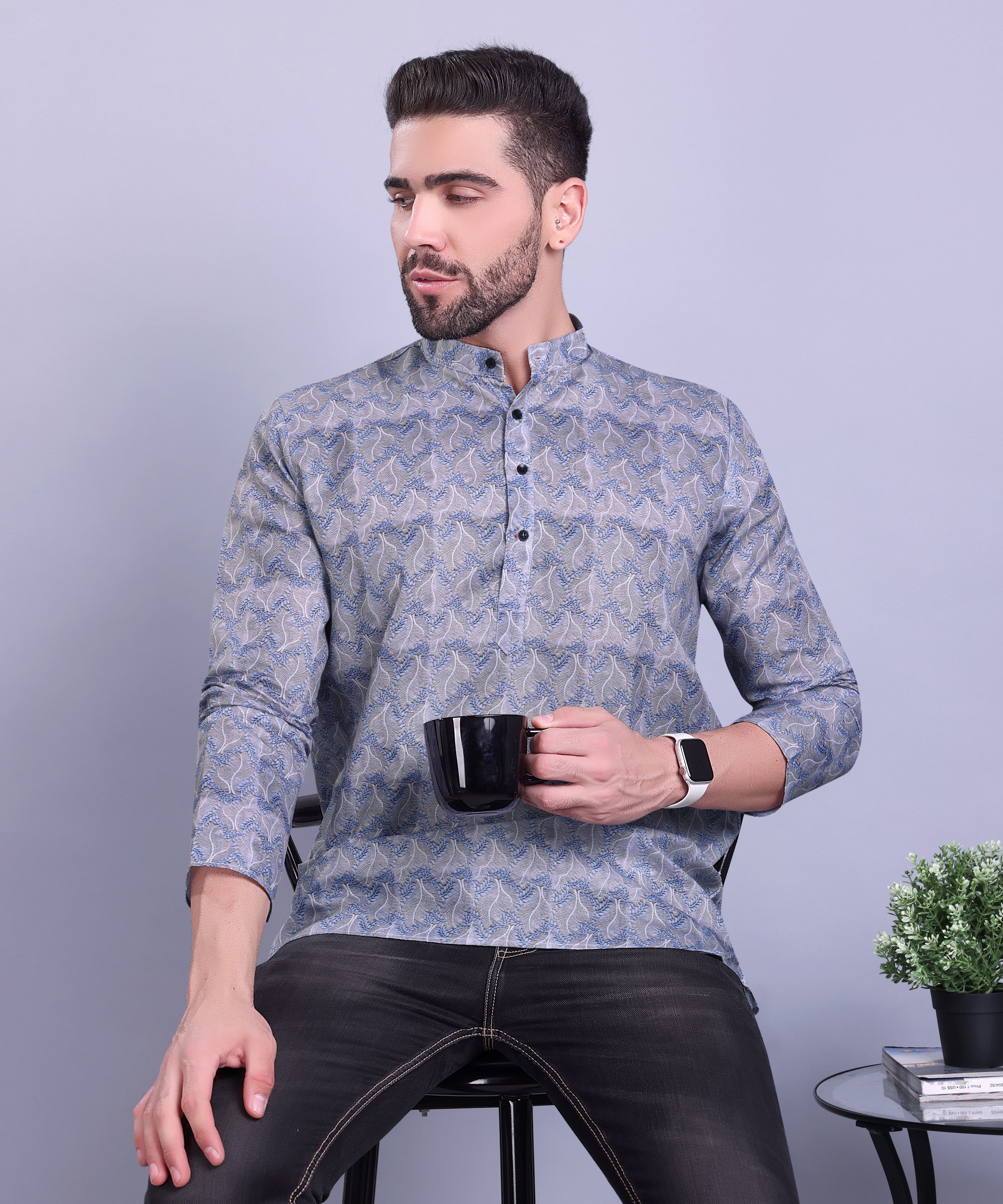 Metal Grey Indi Print Short Cotton Kurta