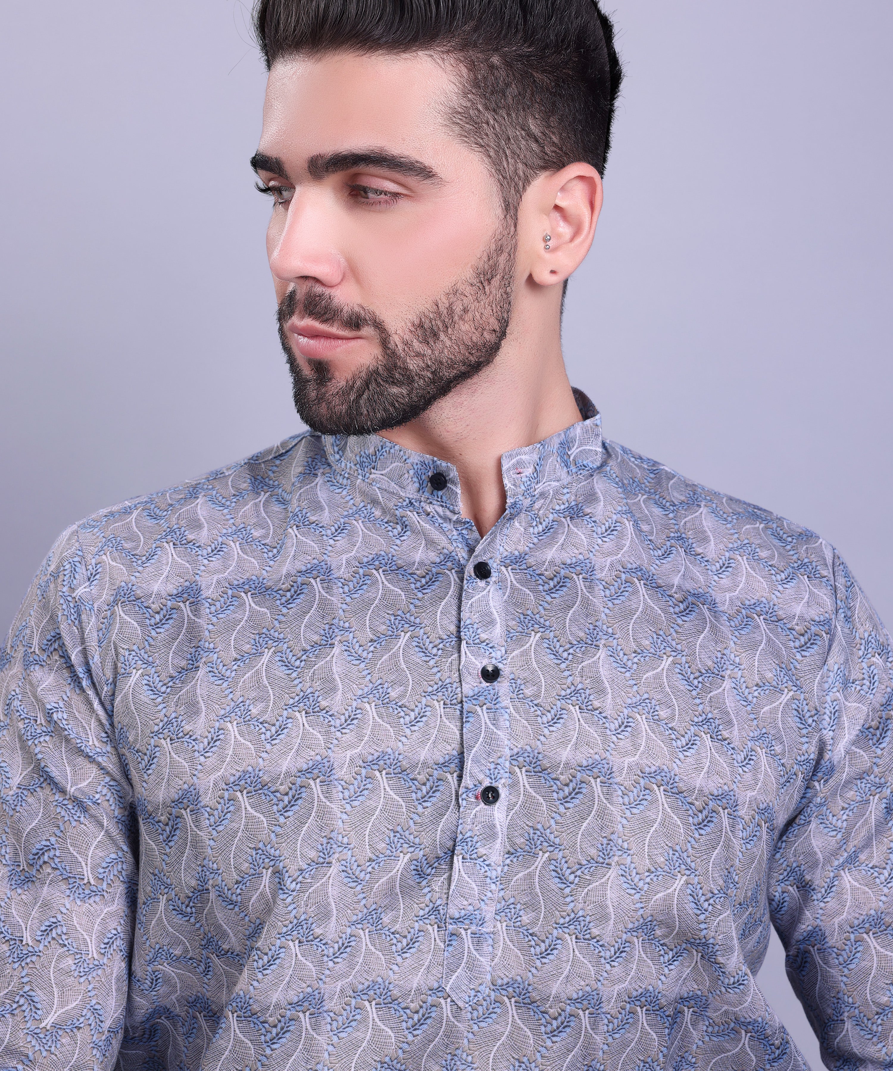 Metal Grey Indi Print Short Cotton Kurta