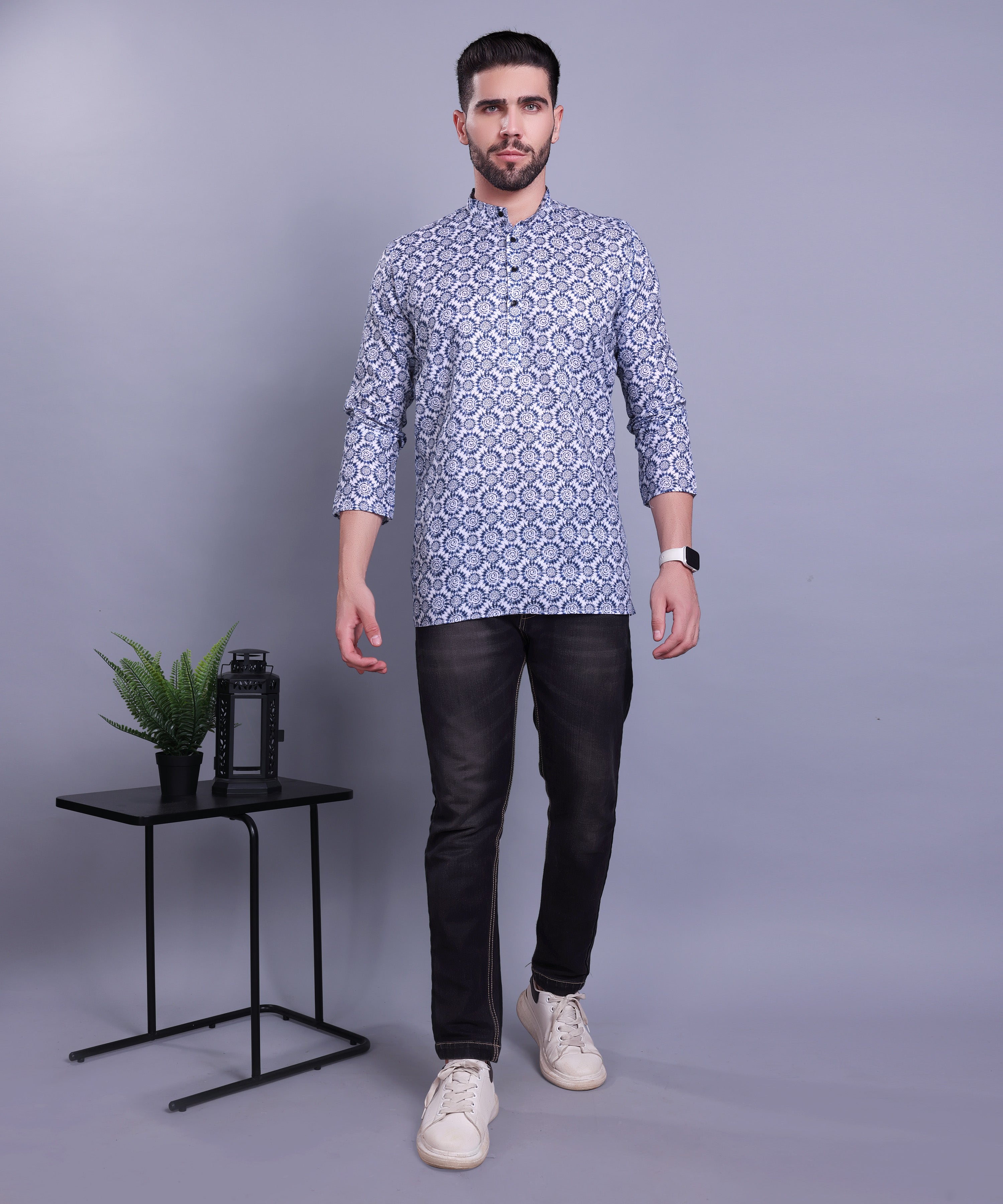 Azure Blue Indi Print Short Cotton Kurta