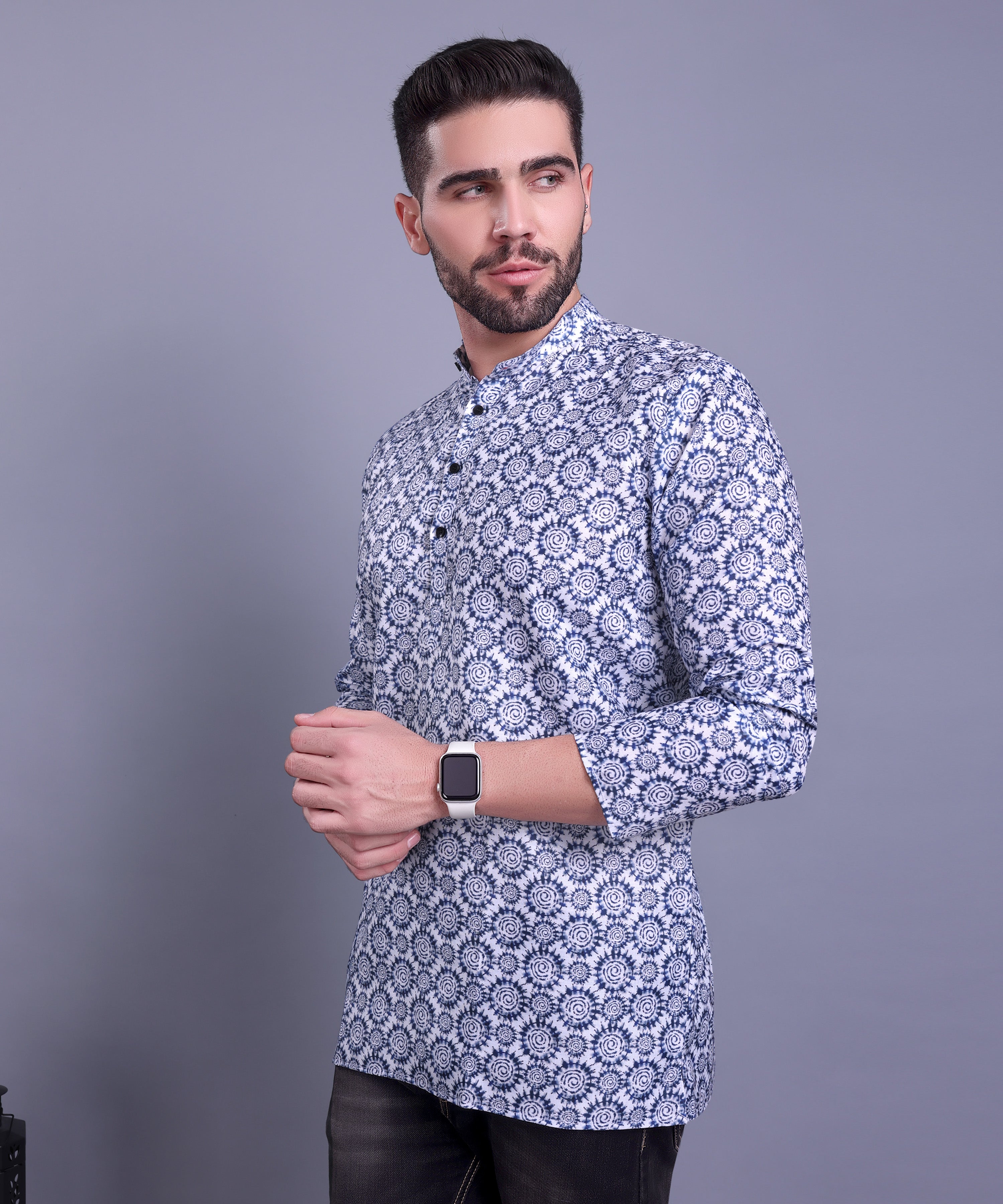 Azure Blue Indi Print Short Cotton Kurta