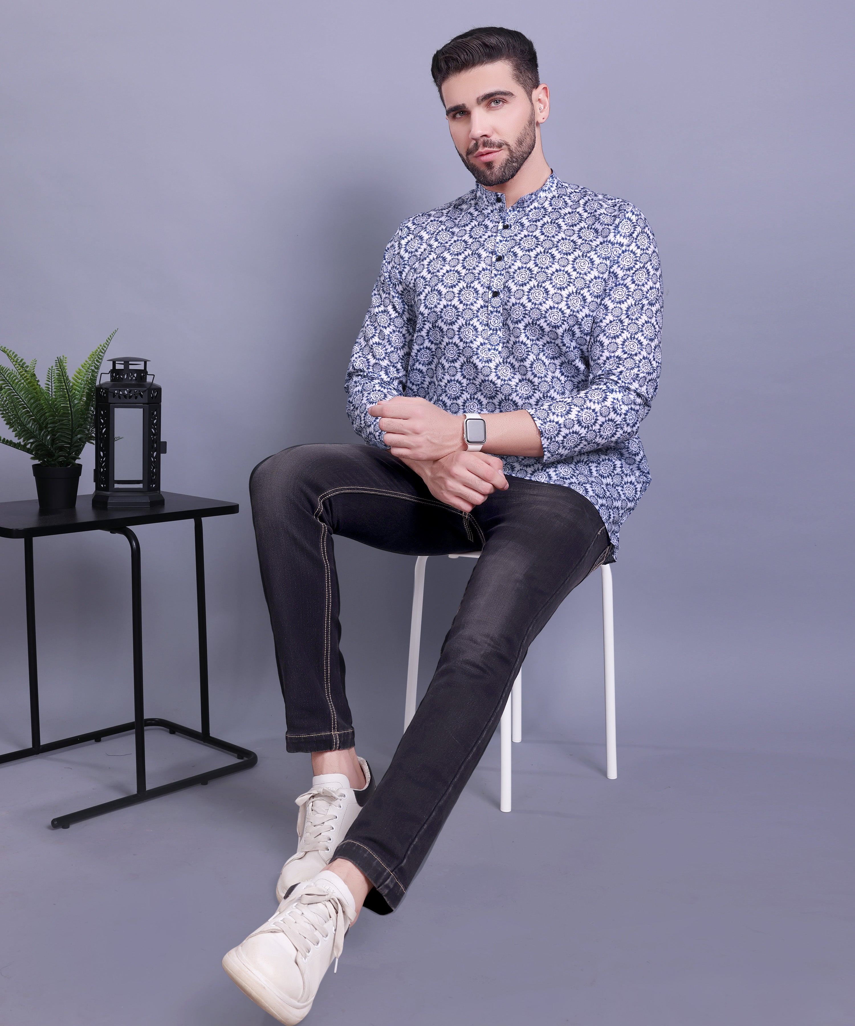 Azure Blue Indi Print Short Cotton Kurta