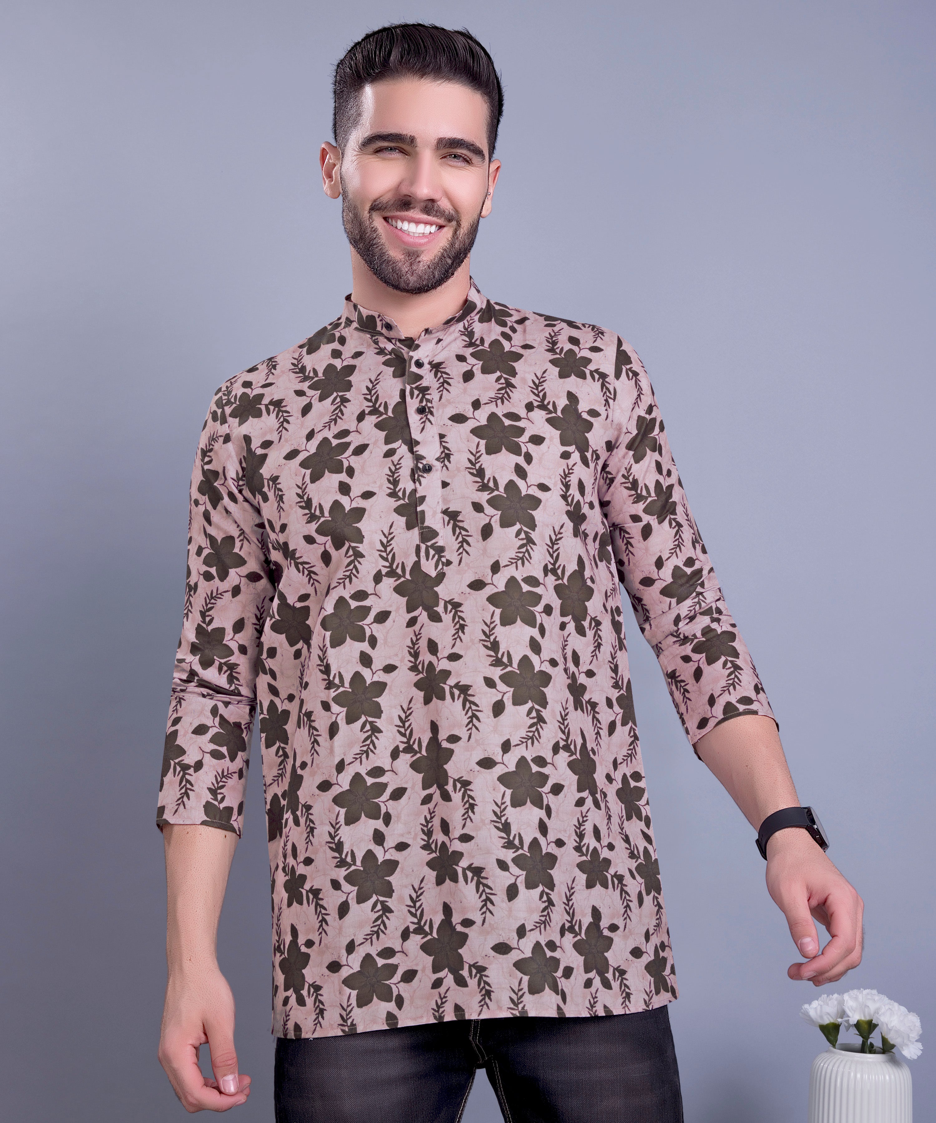 Coral Peach Indi Print Short Cotton Kurta