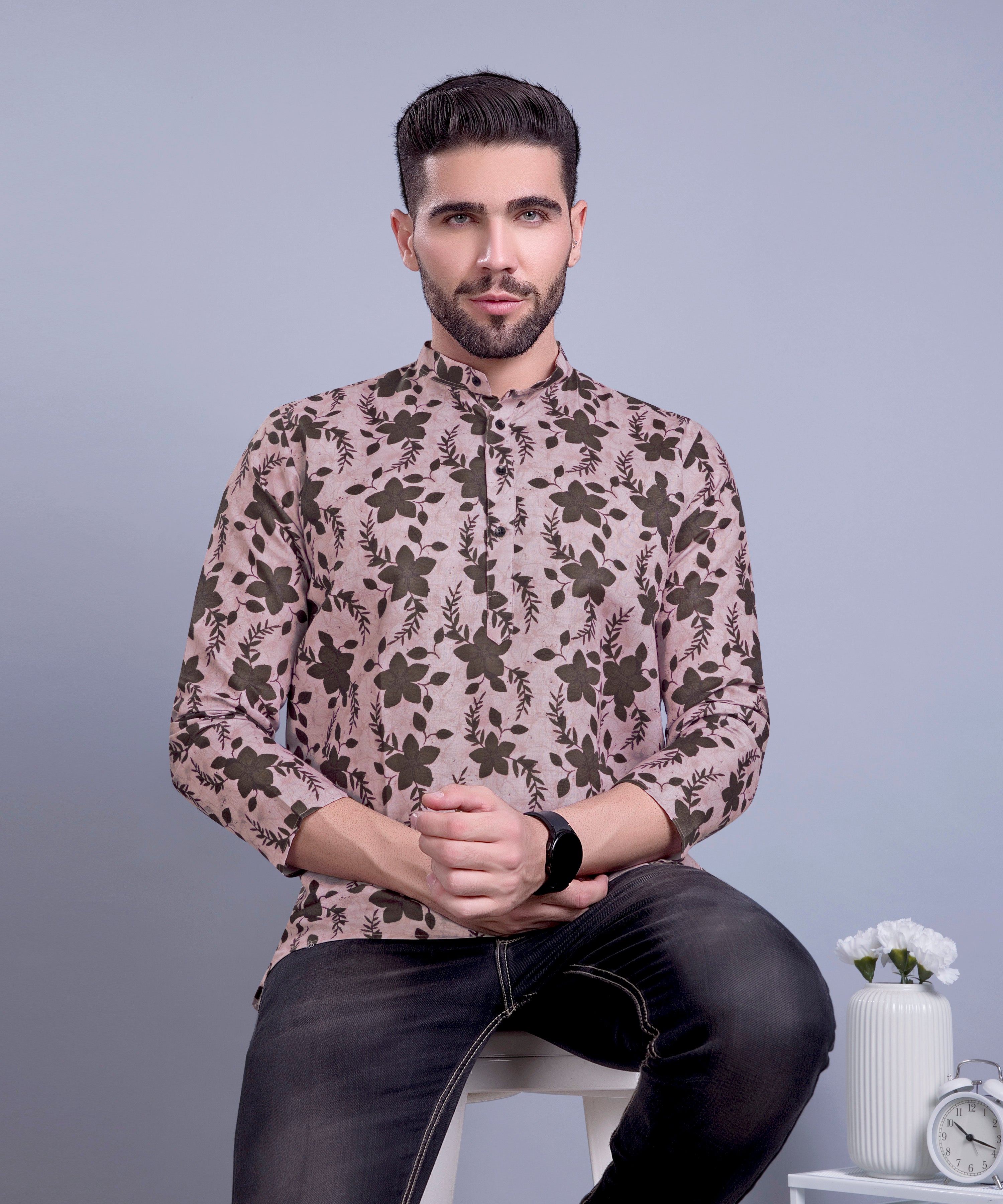 Coral Peach Indi Print Short Cotton Kurta