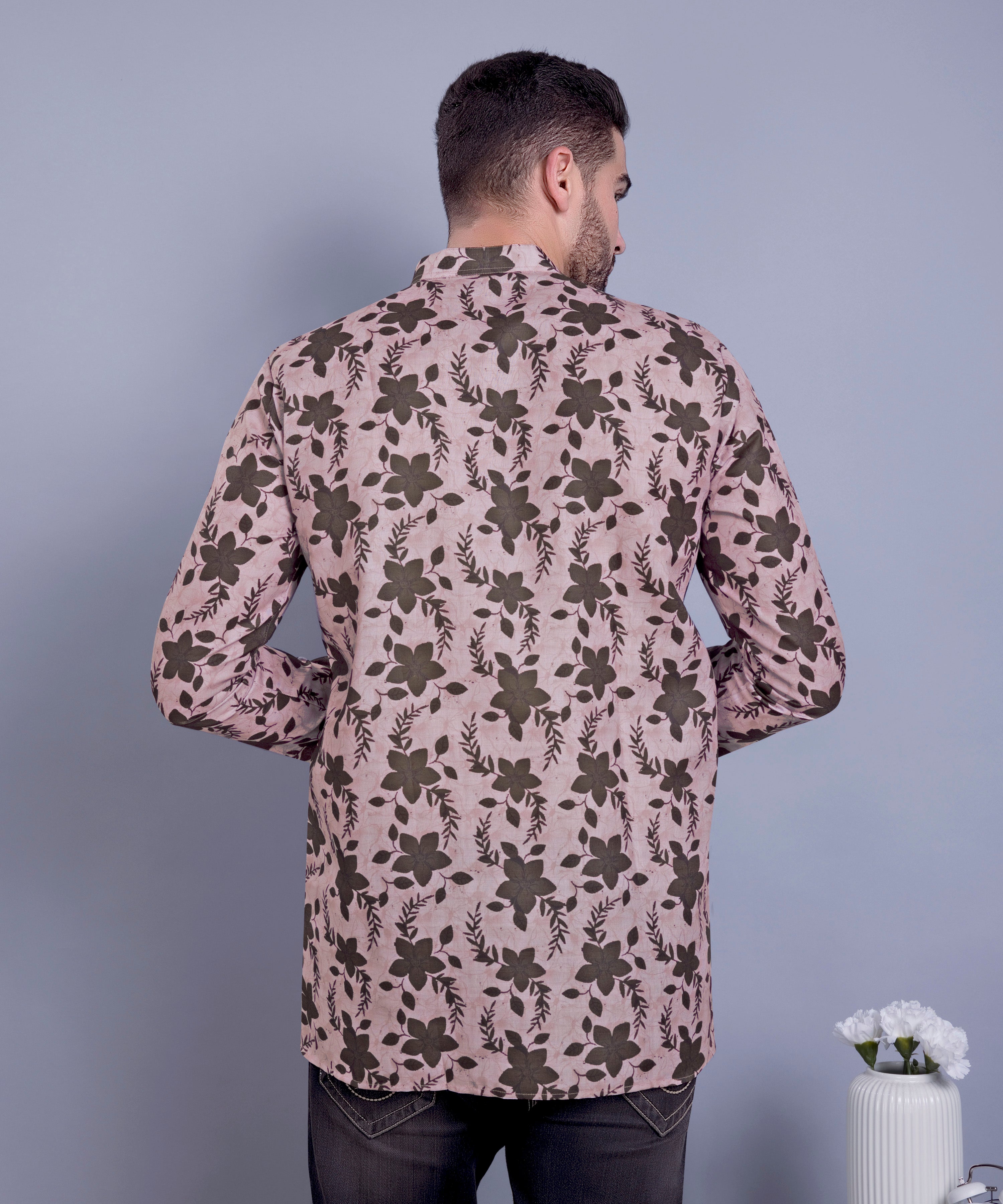 Coral Peach Indi Print Short Cotton Kurta