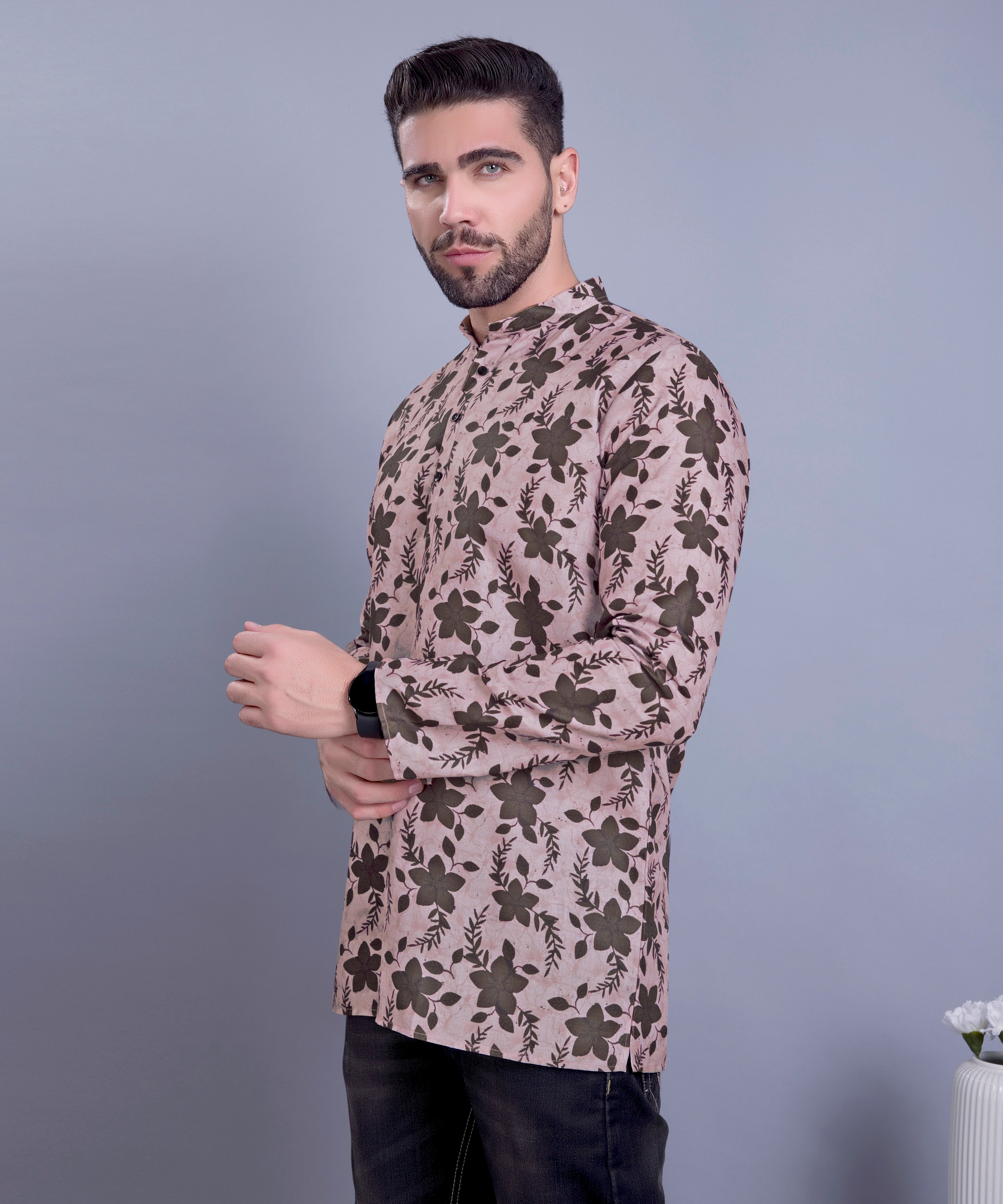 Coral Peach Indi Print Short Cotton Kurta