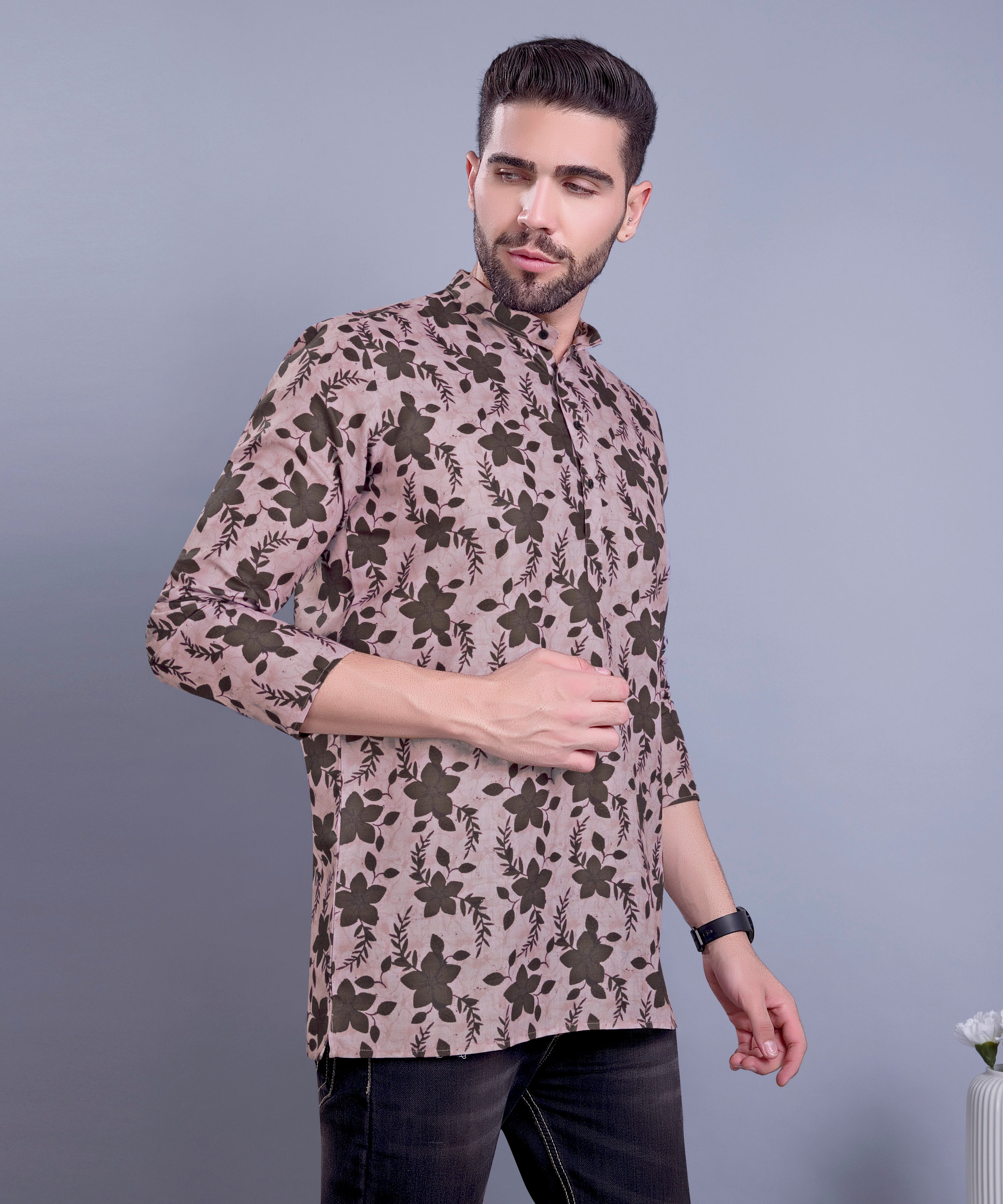 Coral Peach Indi Print Short Cotton Kurta