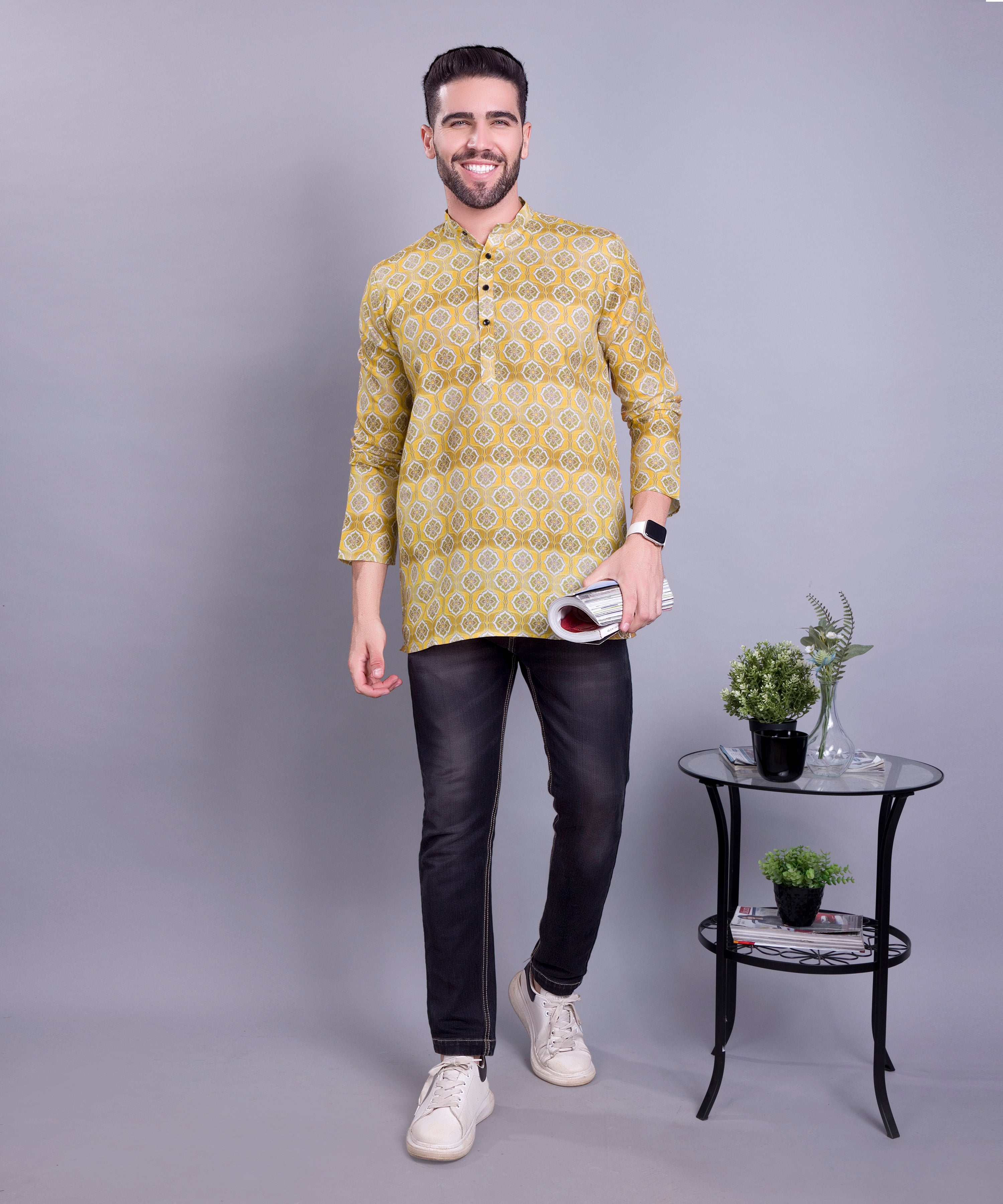 Sun Shine Yellow Indi Print Short Cotton Kurta
