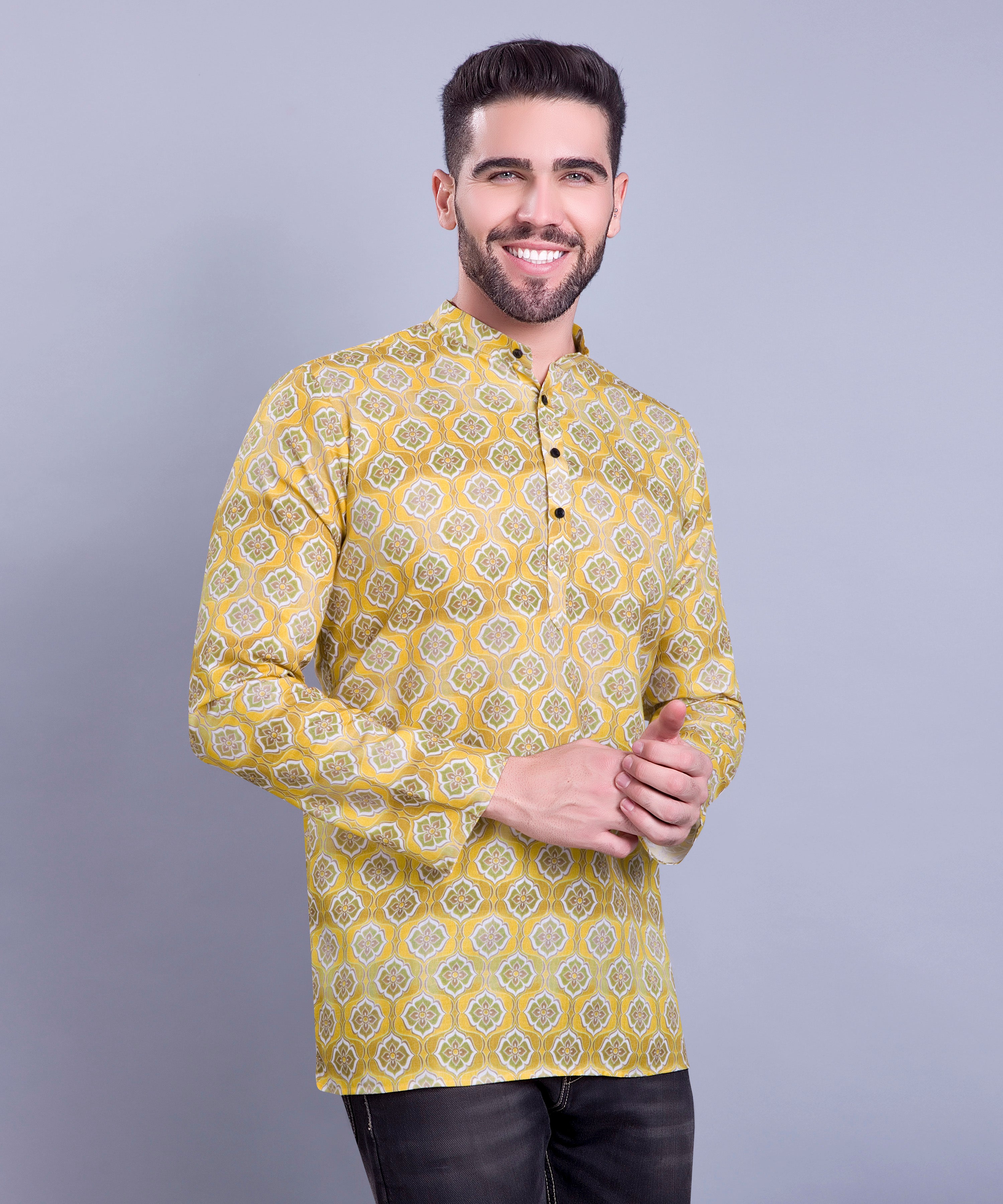 Sun Shine Yellow Indi Print Short Cotton Kurta