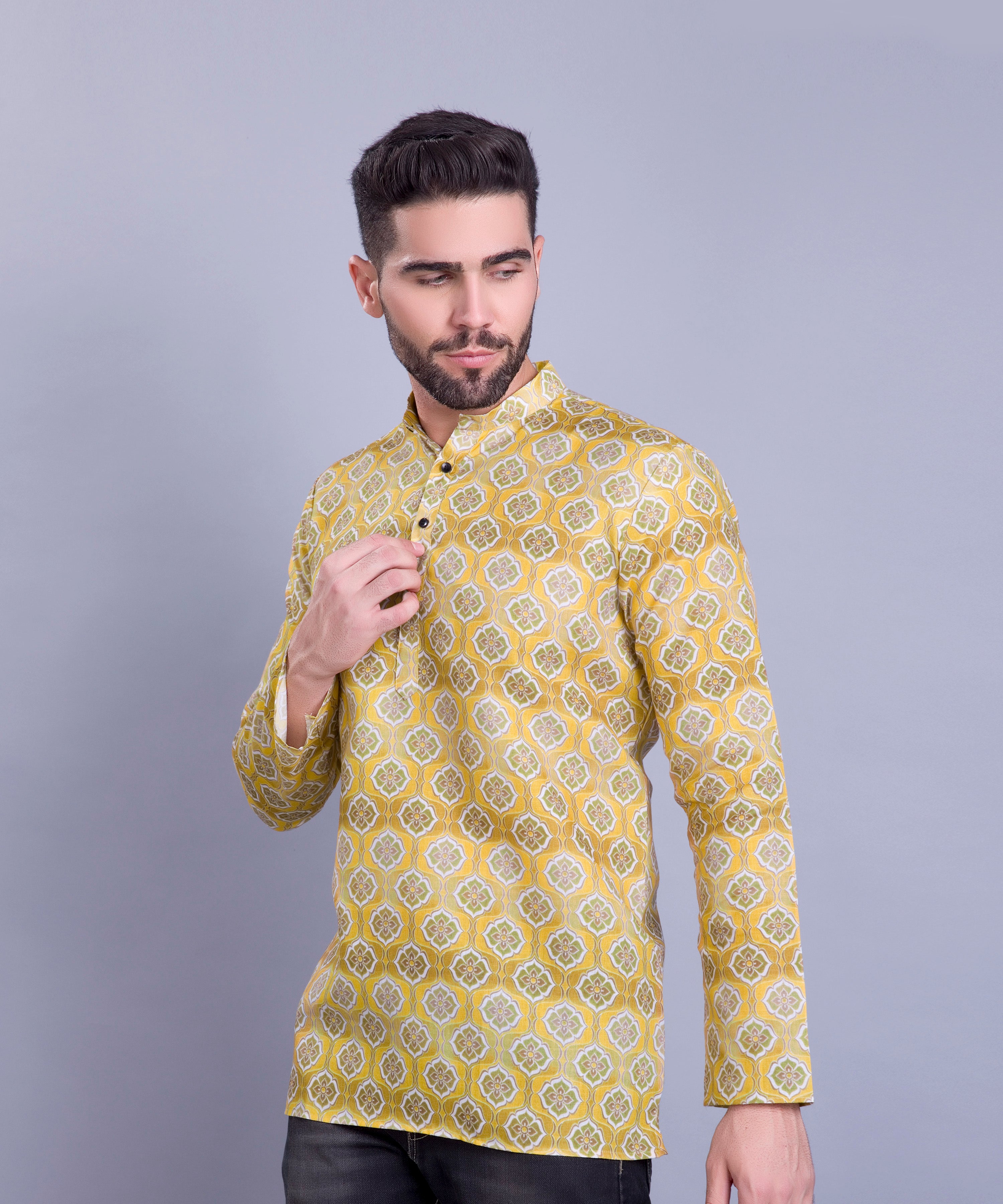 Sun Shine Yellow Indi Print Short Cotton Kurta