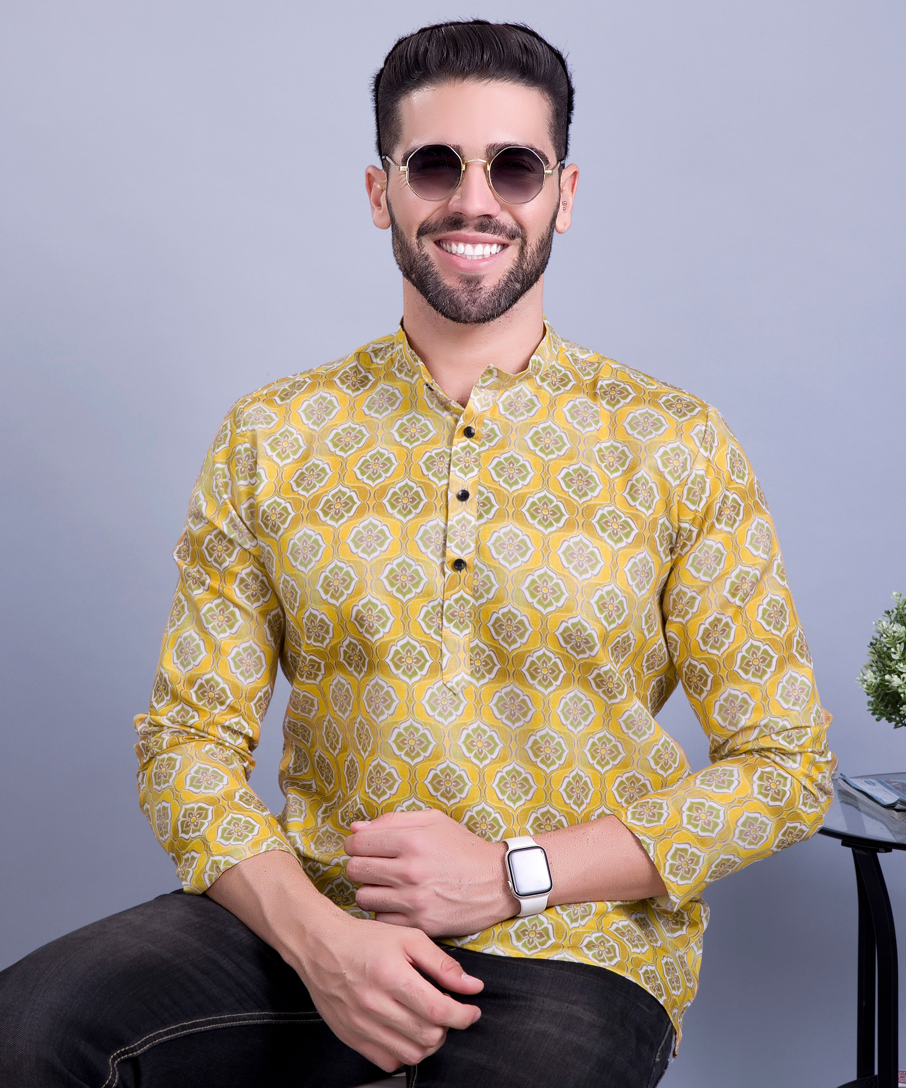 Sun Shine Yellow Indi Print Short Cotton Kurta