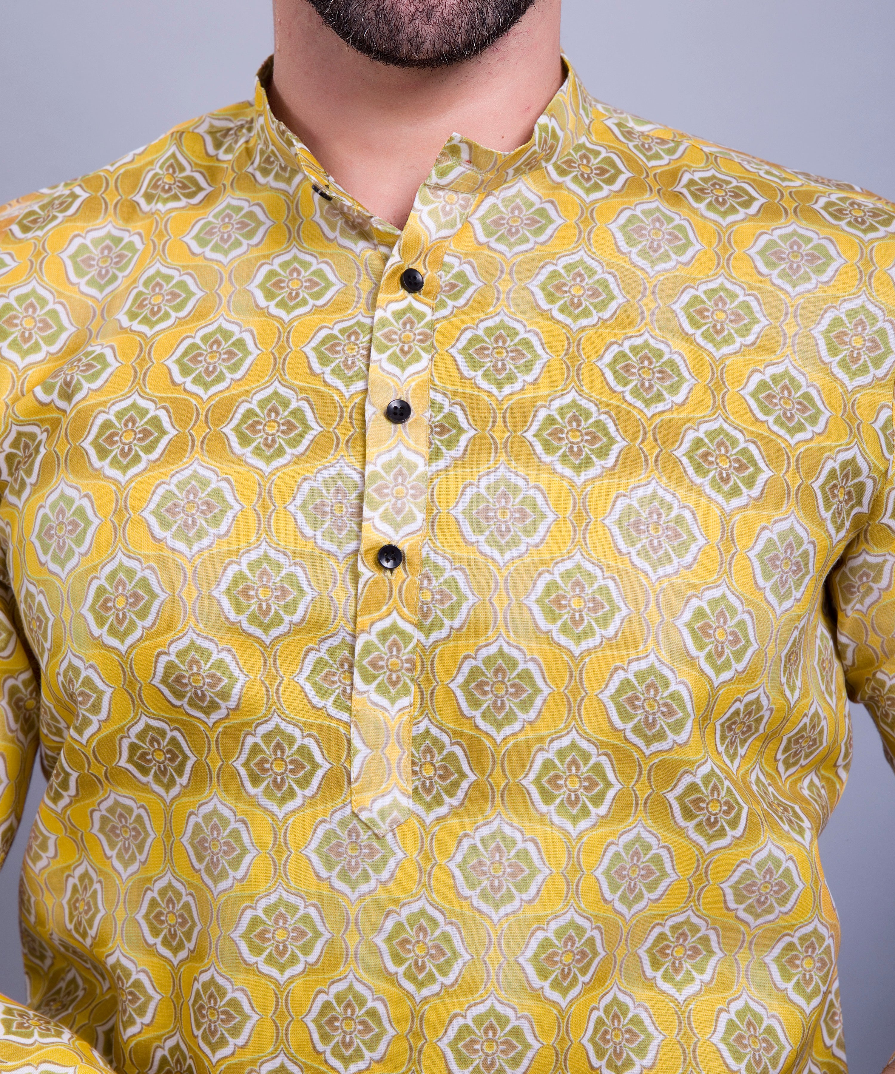 Sun Shine Yellow Indi Print Short Cotton Kurta