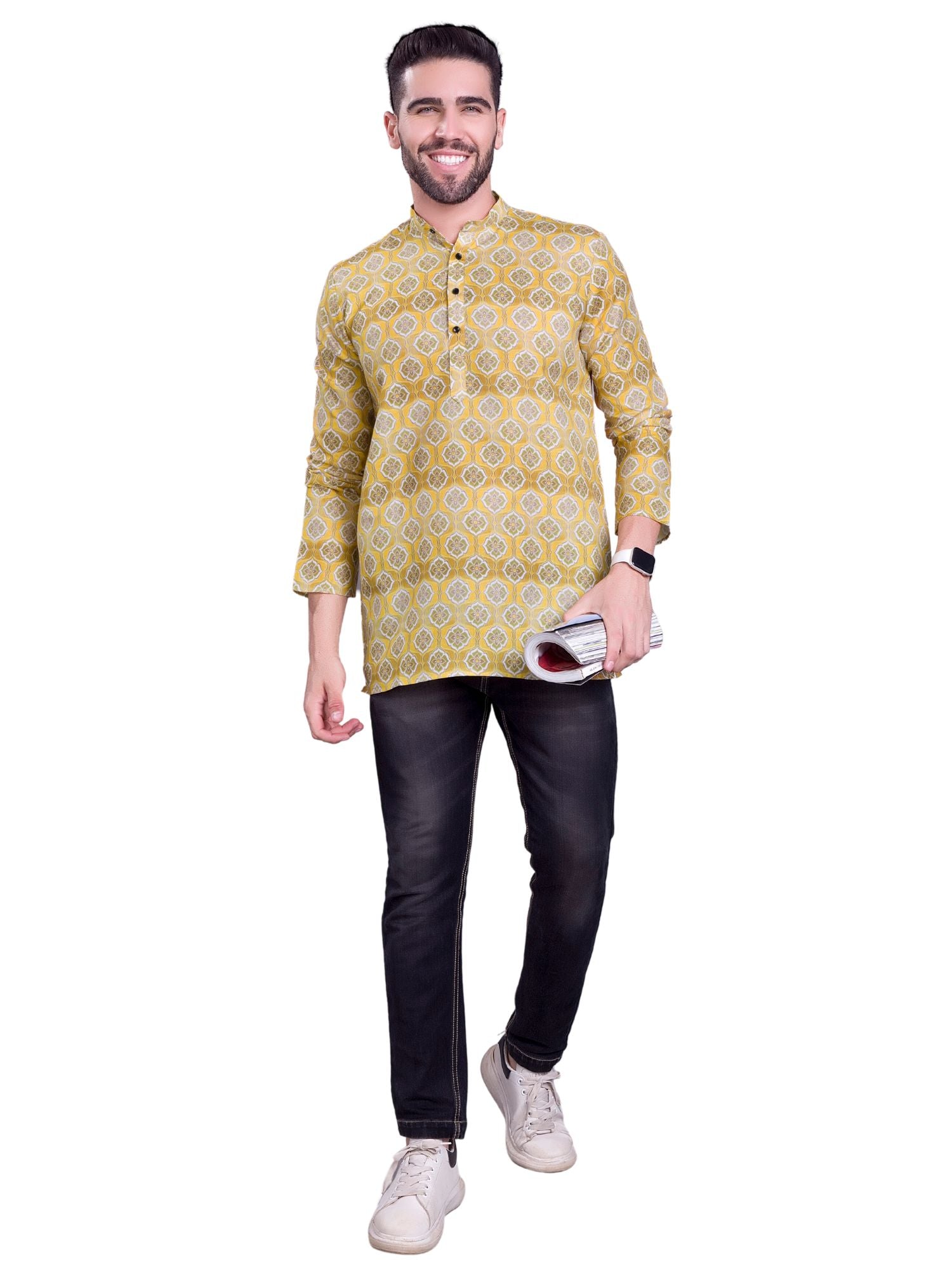 Sun Shine Yellow Indi Print Short Cotton Kurta