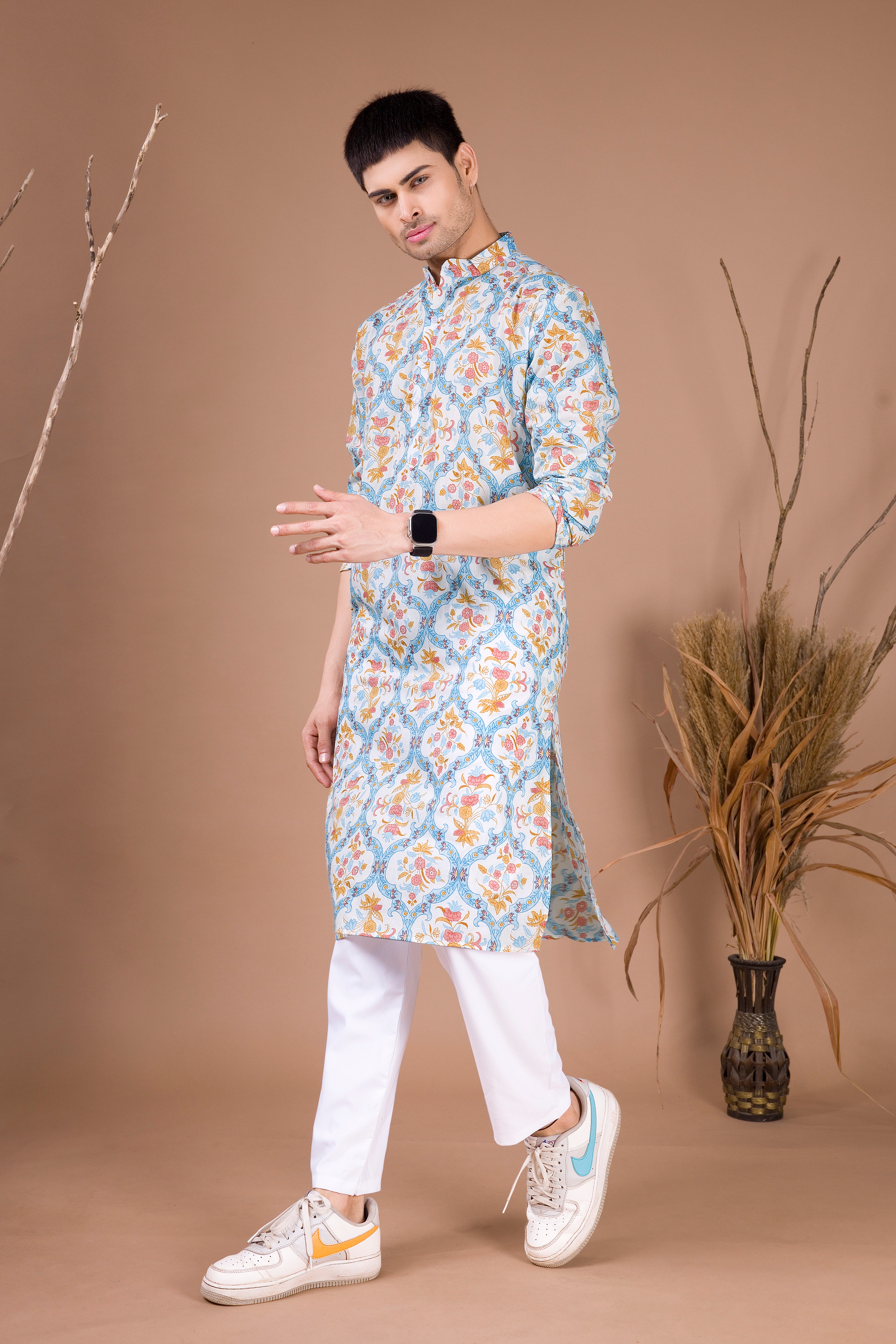 Azure Blue Paisley Design Cotton Kurta