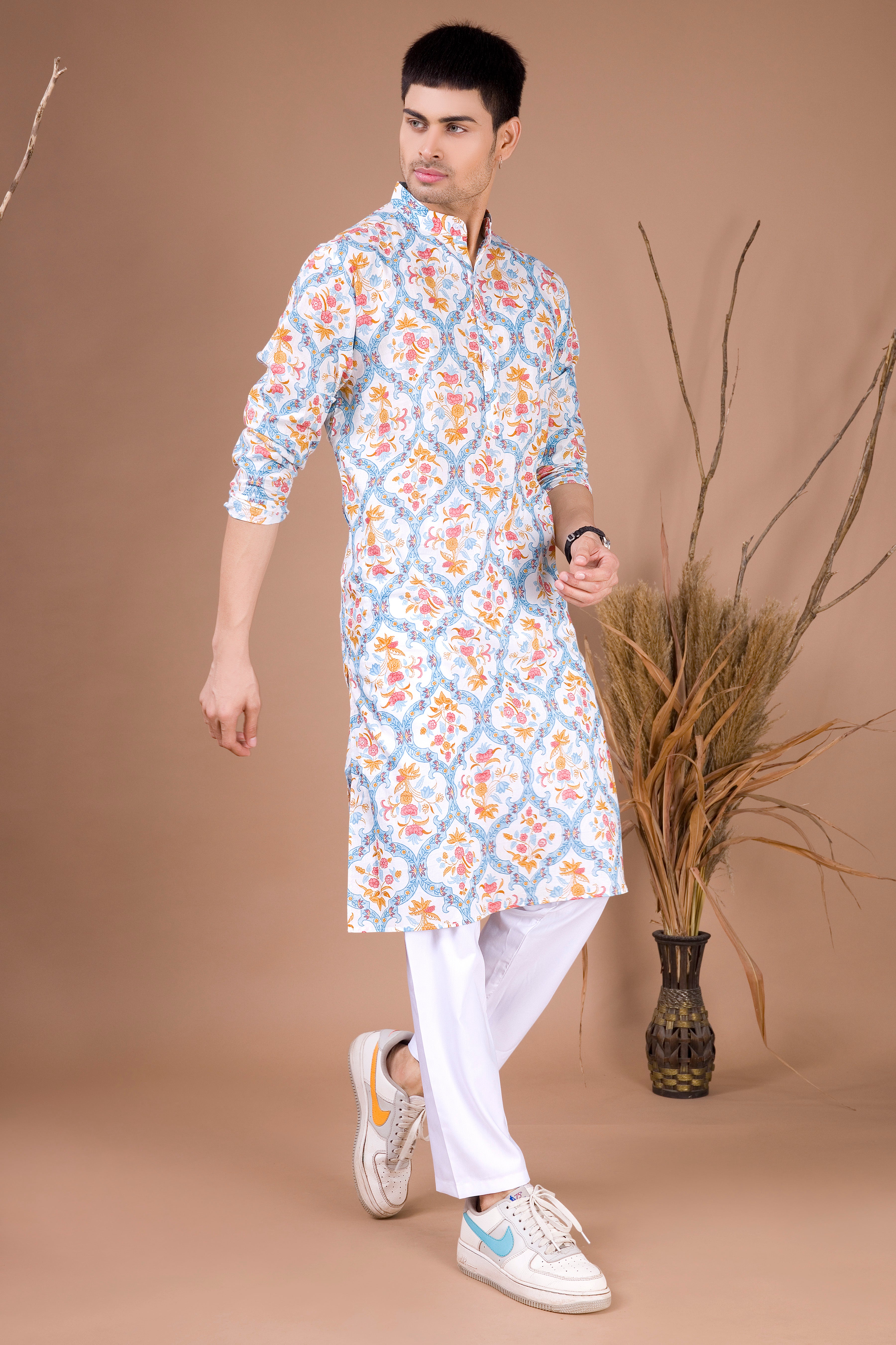 Azure Blue Paisley Design Cotton Kurta
