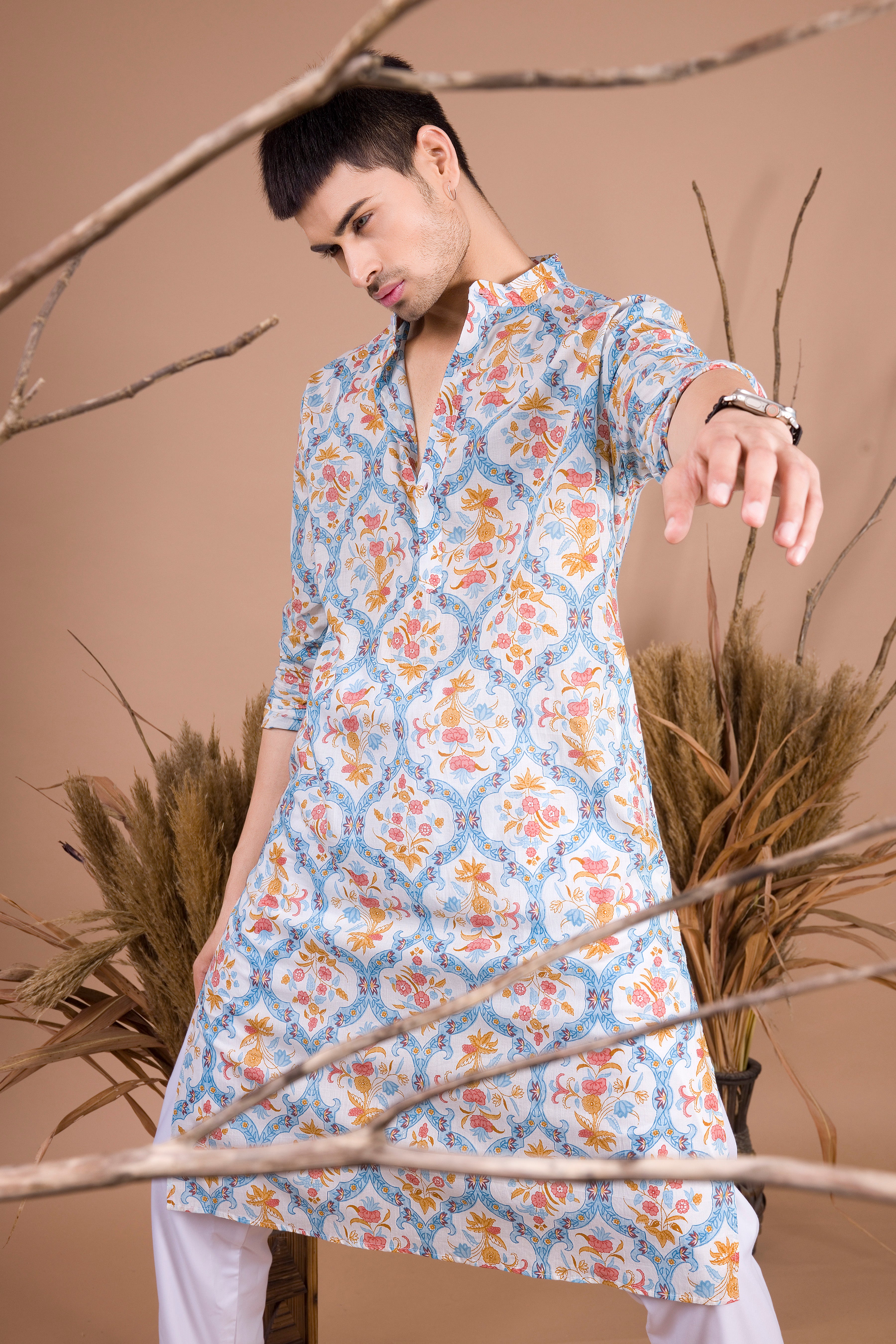 Azure Blue Paisley Design Cotton Kurta