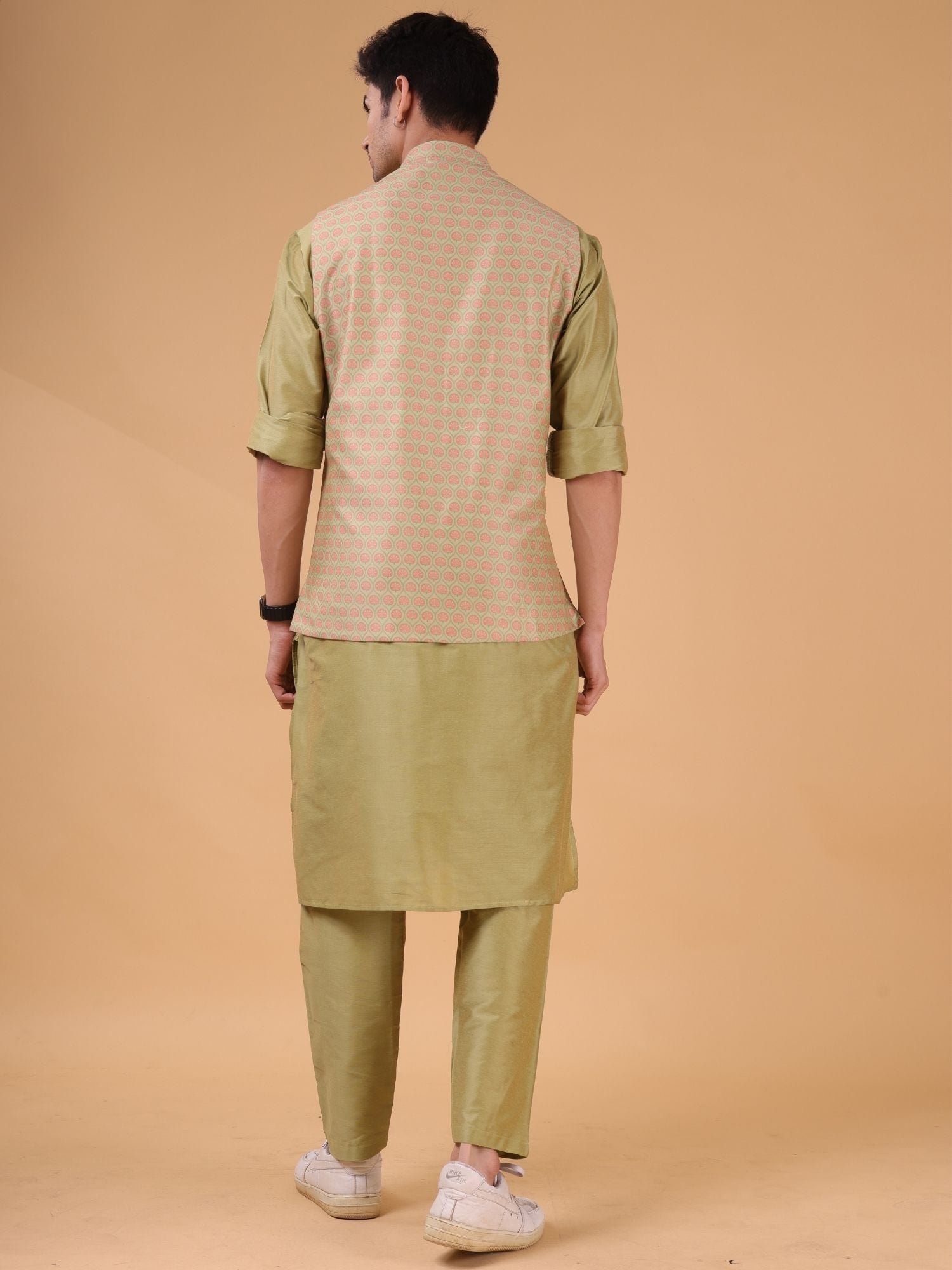 Mint Green Solid Pattern Cotton Silk Kurta Jacket Set