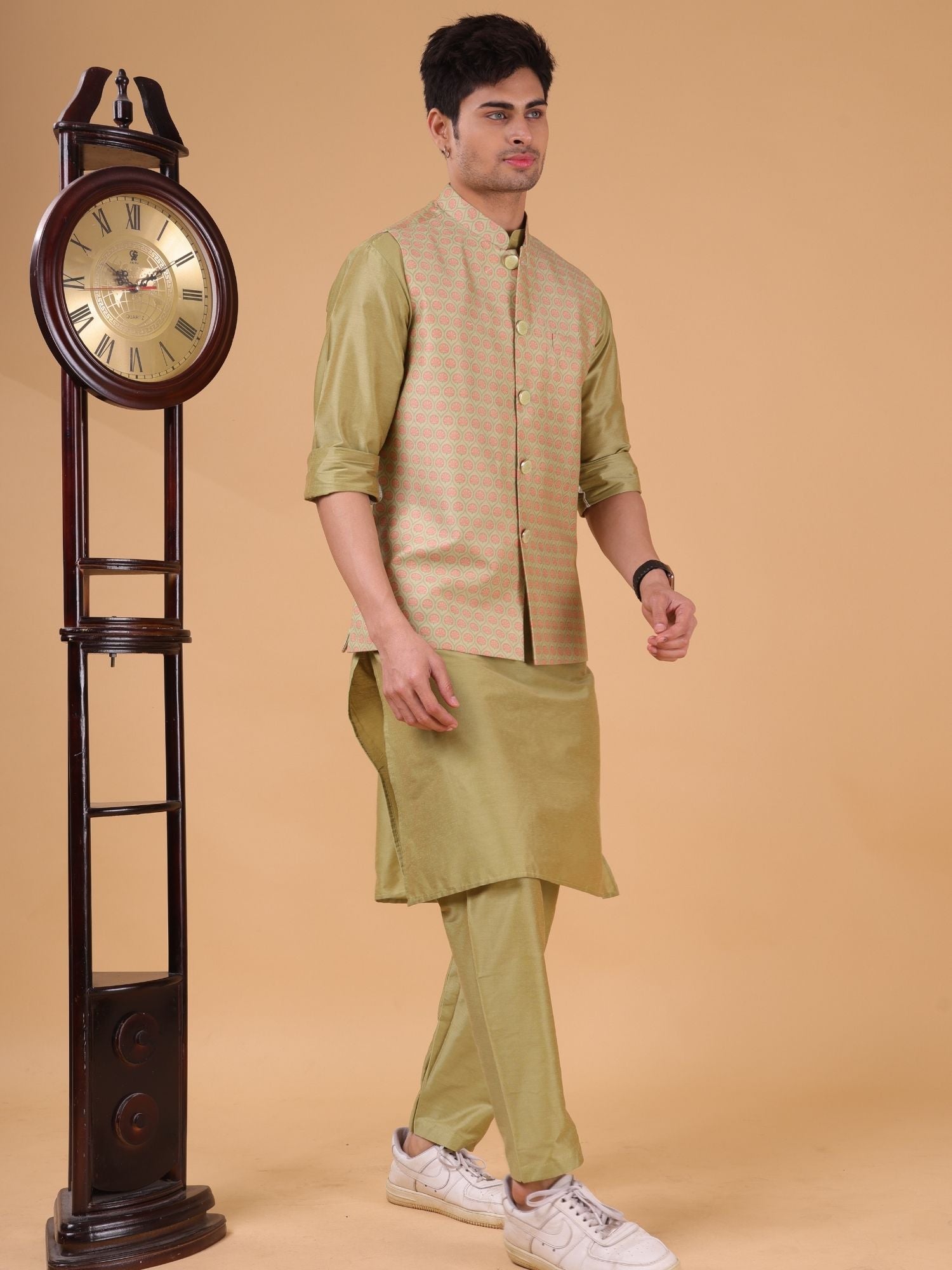 Mint Green Solid Pattern Cotton Silk Kurta Jacket Set