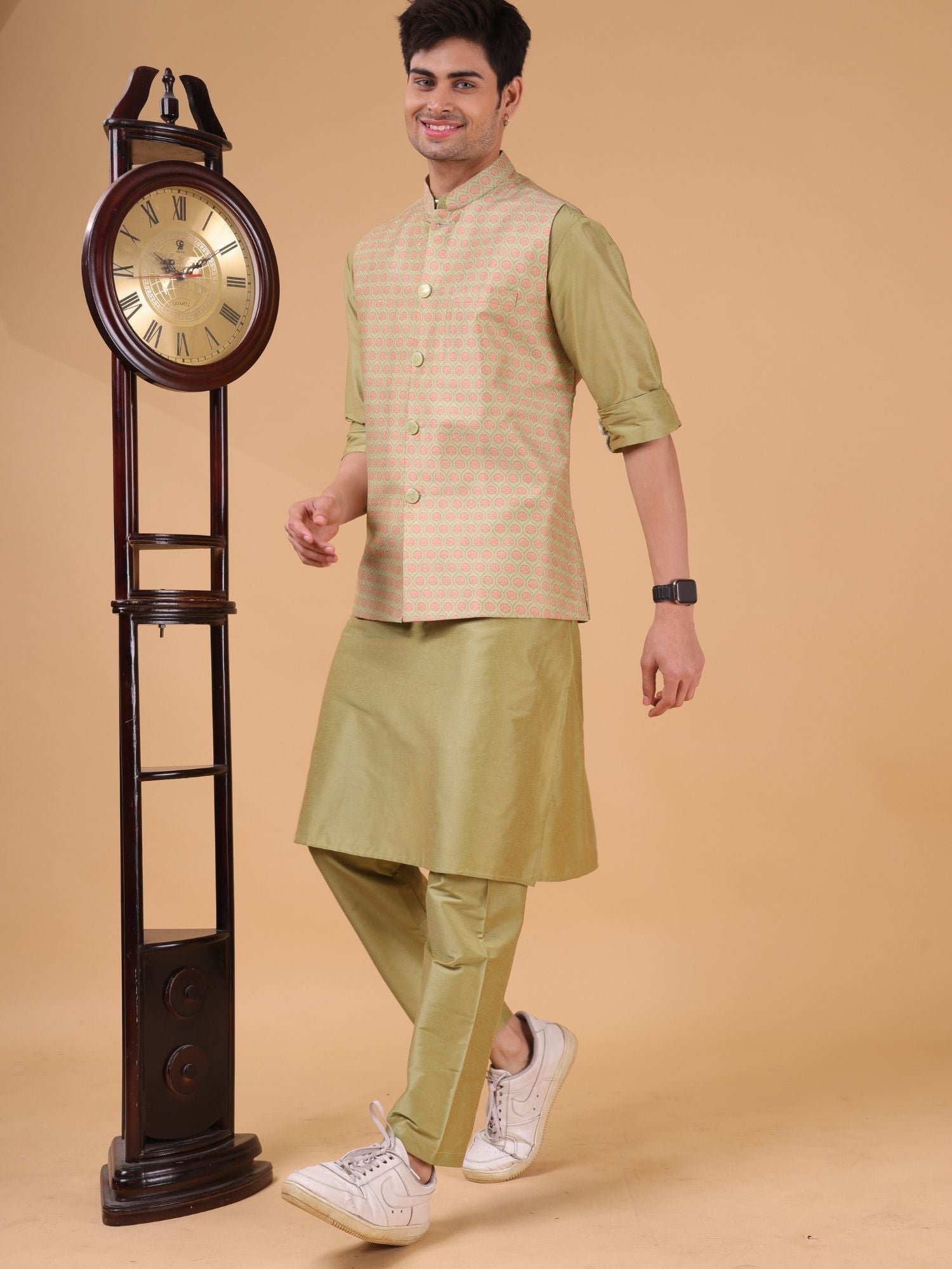 Mint Green Solid Pattern Cotton Silk Kurta Jacket Set