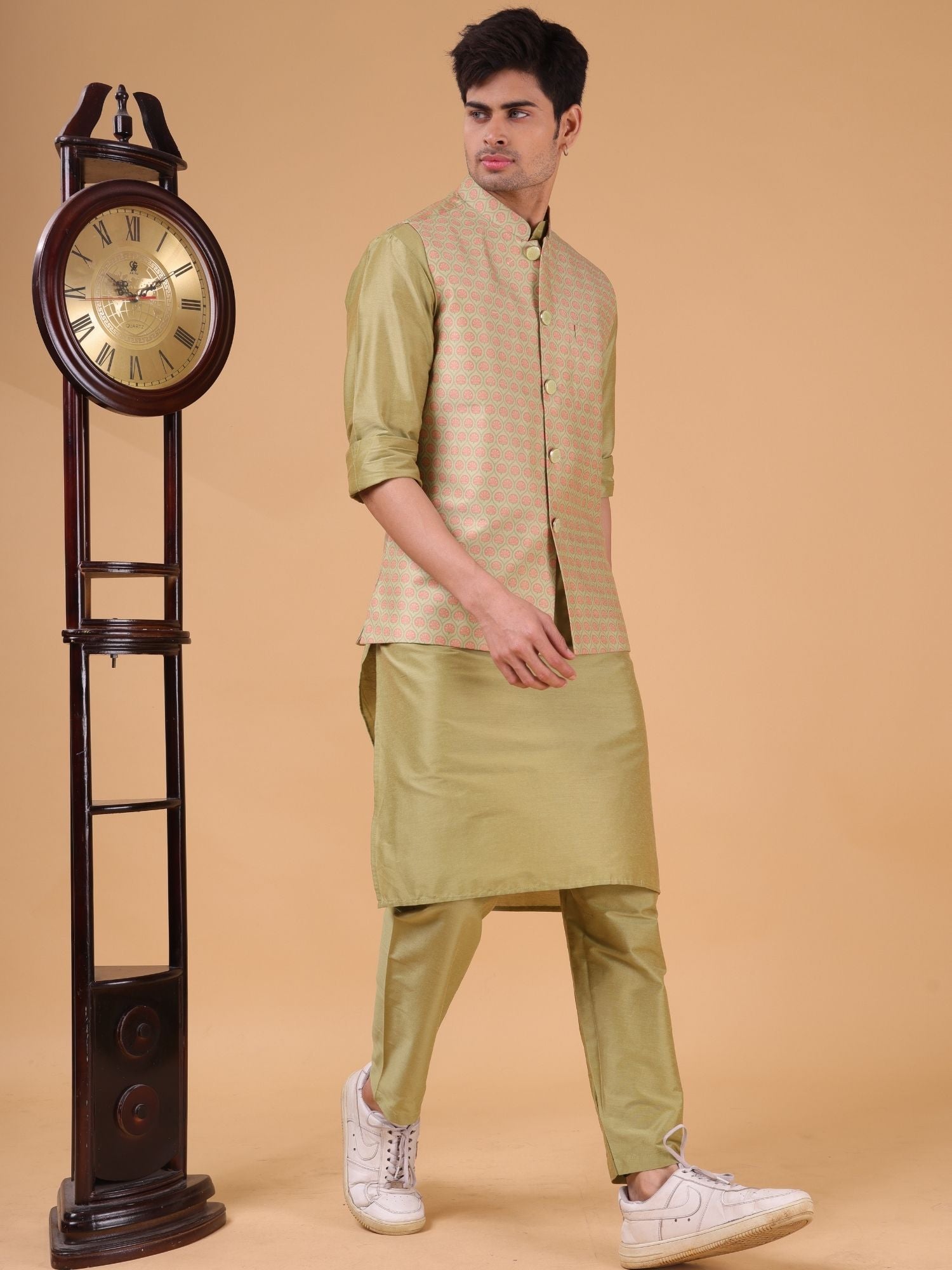 Mint Green Solid Pattern Cotton Silk Kurta Jacket Set