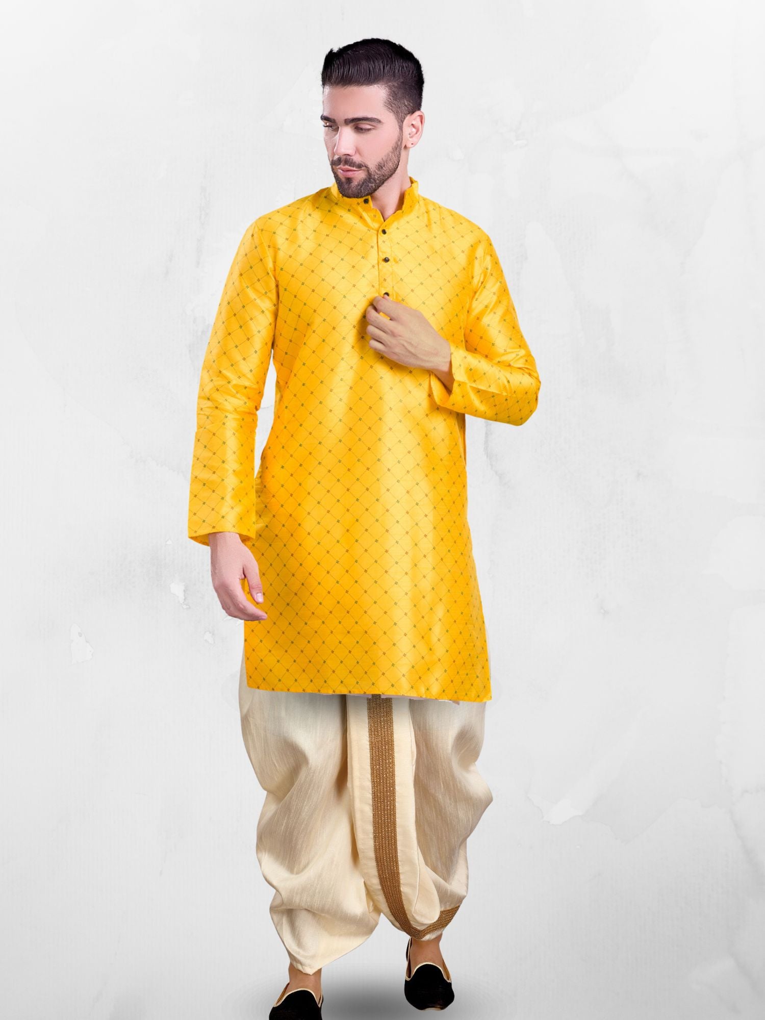 Shine Of Yellow Hloom Printed Silk Kurta Dhoti Set