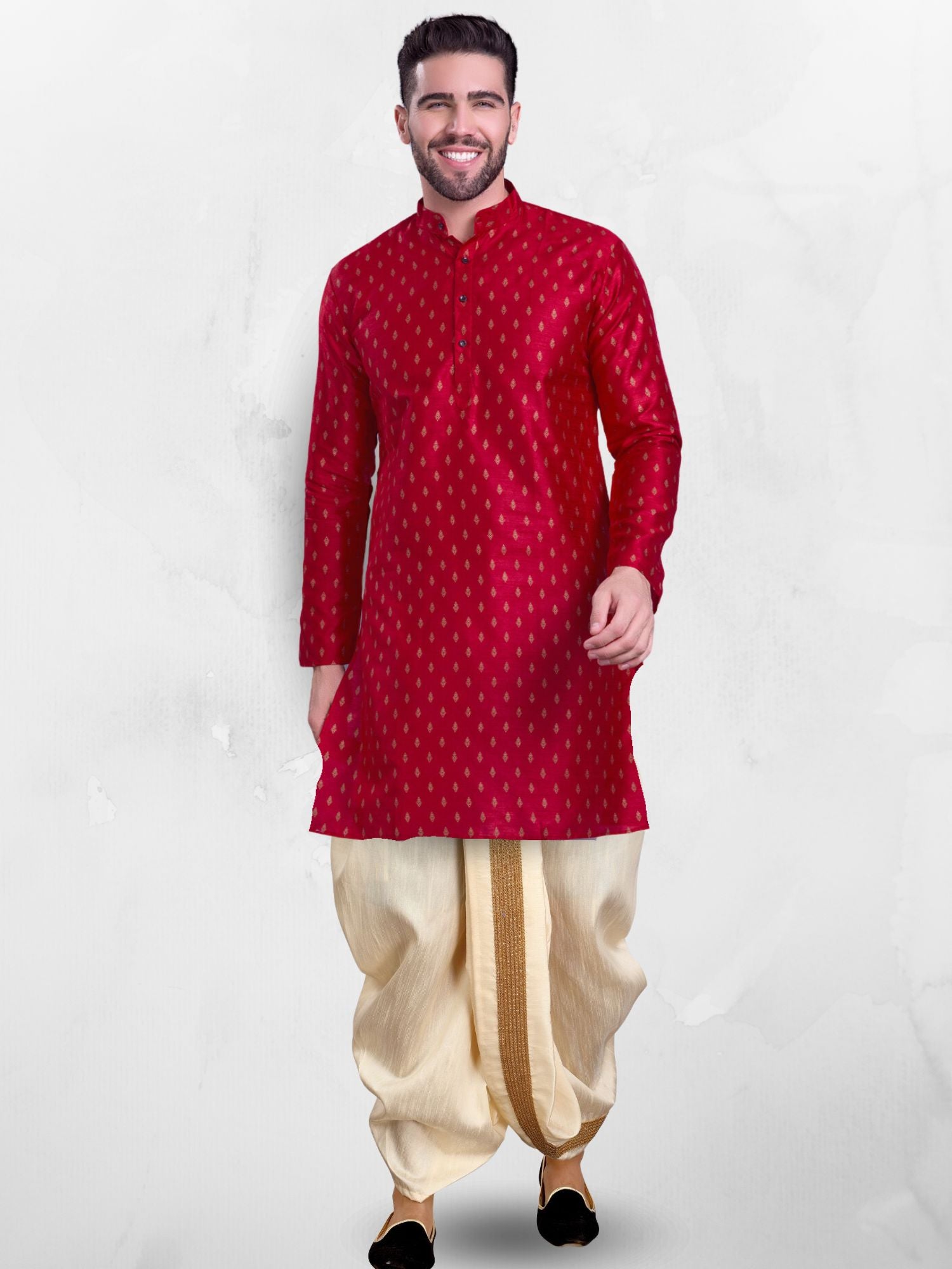 Barn Red Hloom Printed Silk Kurta Dhoti Set