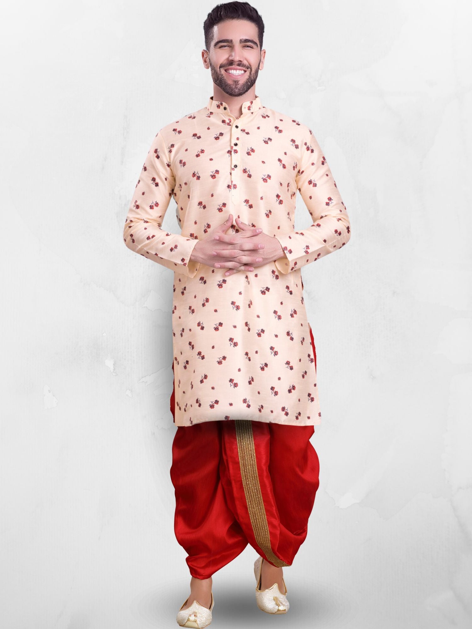 Butter Cream Hloom Printed Silk Kurta Dhoti Set