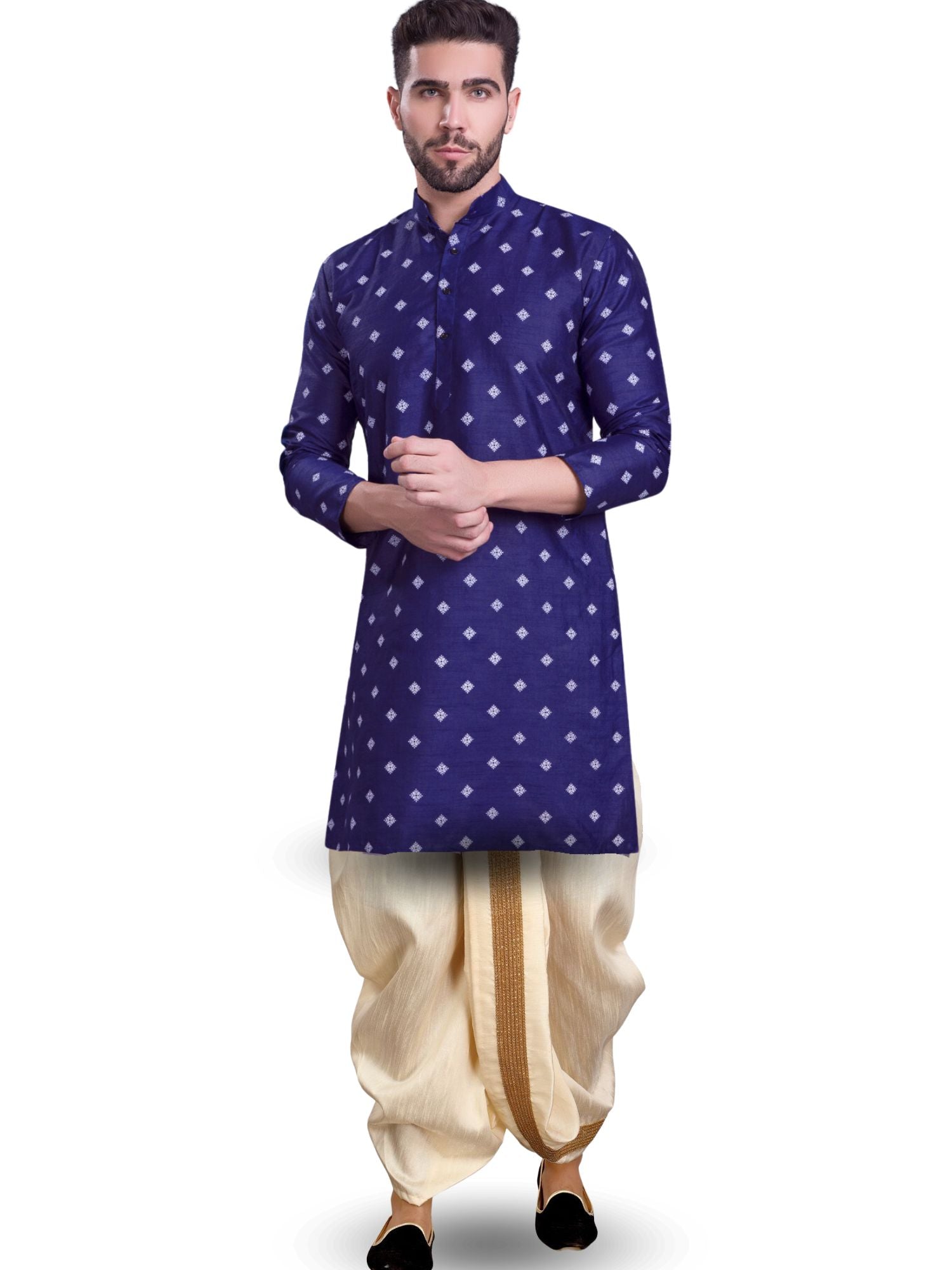 Azure Blue Hloom Printed Silk Kurta Dhoti Set