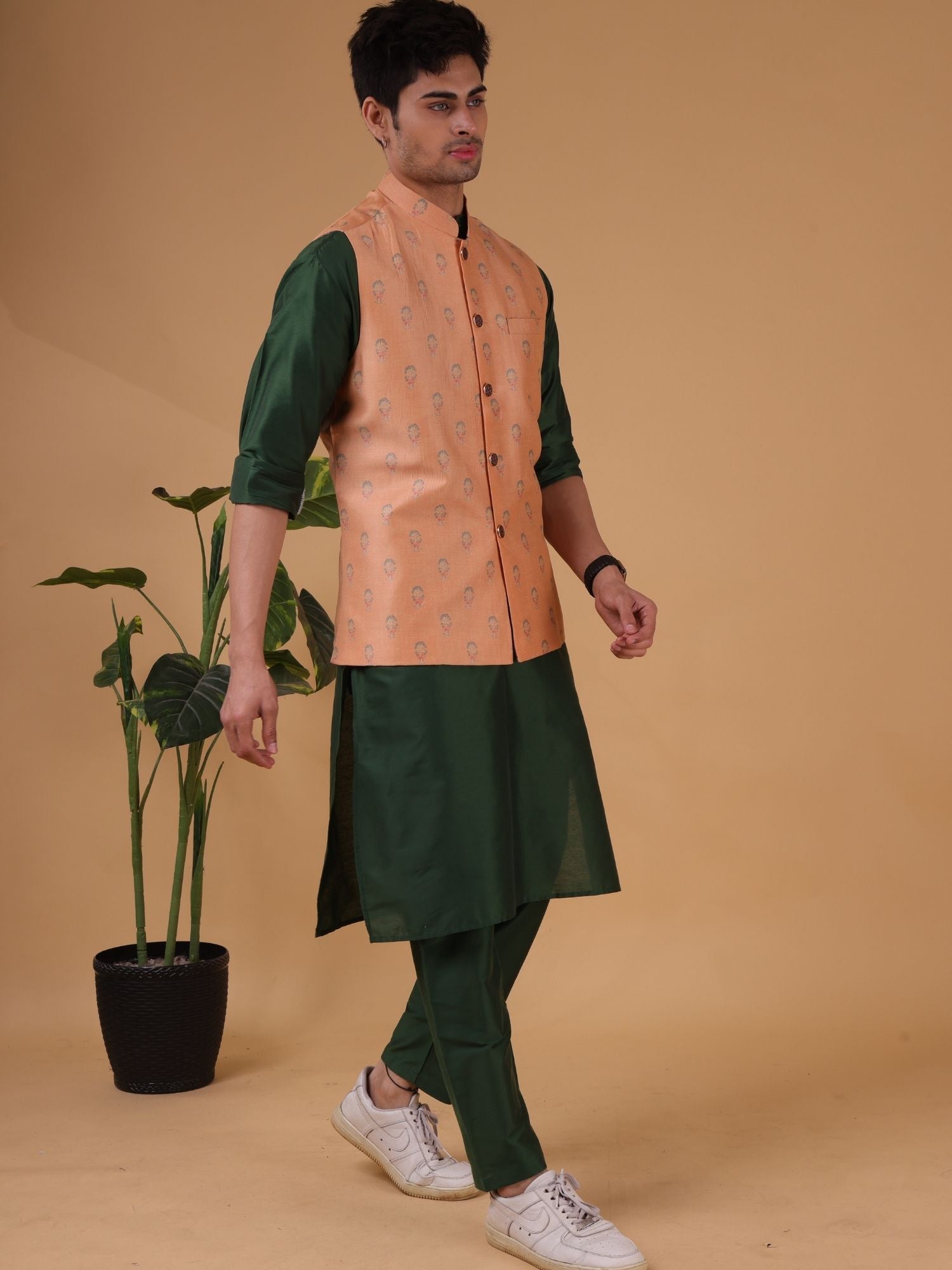 Tropical Green Solid Pattern Cotton Silk Kurta Jacket Set