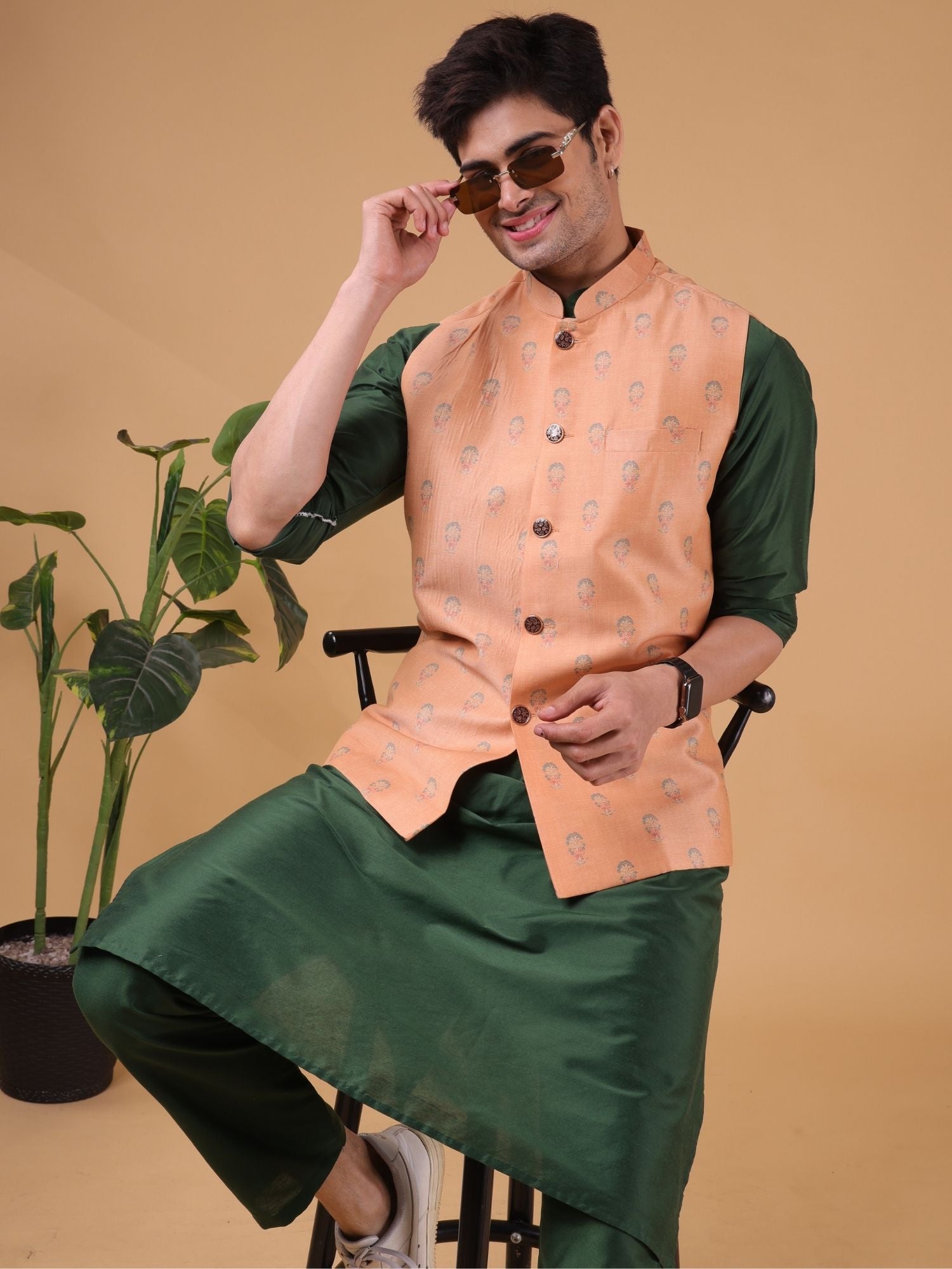 Tropical Green Solid Pattern Cotton Silk Kurta Jacket Set