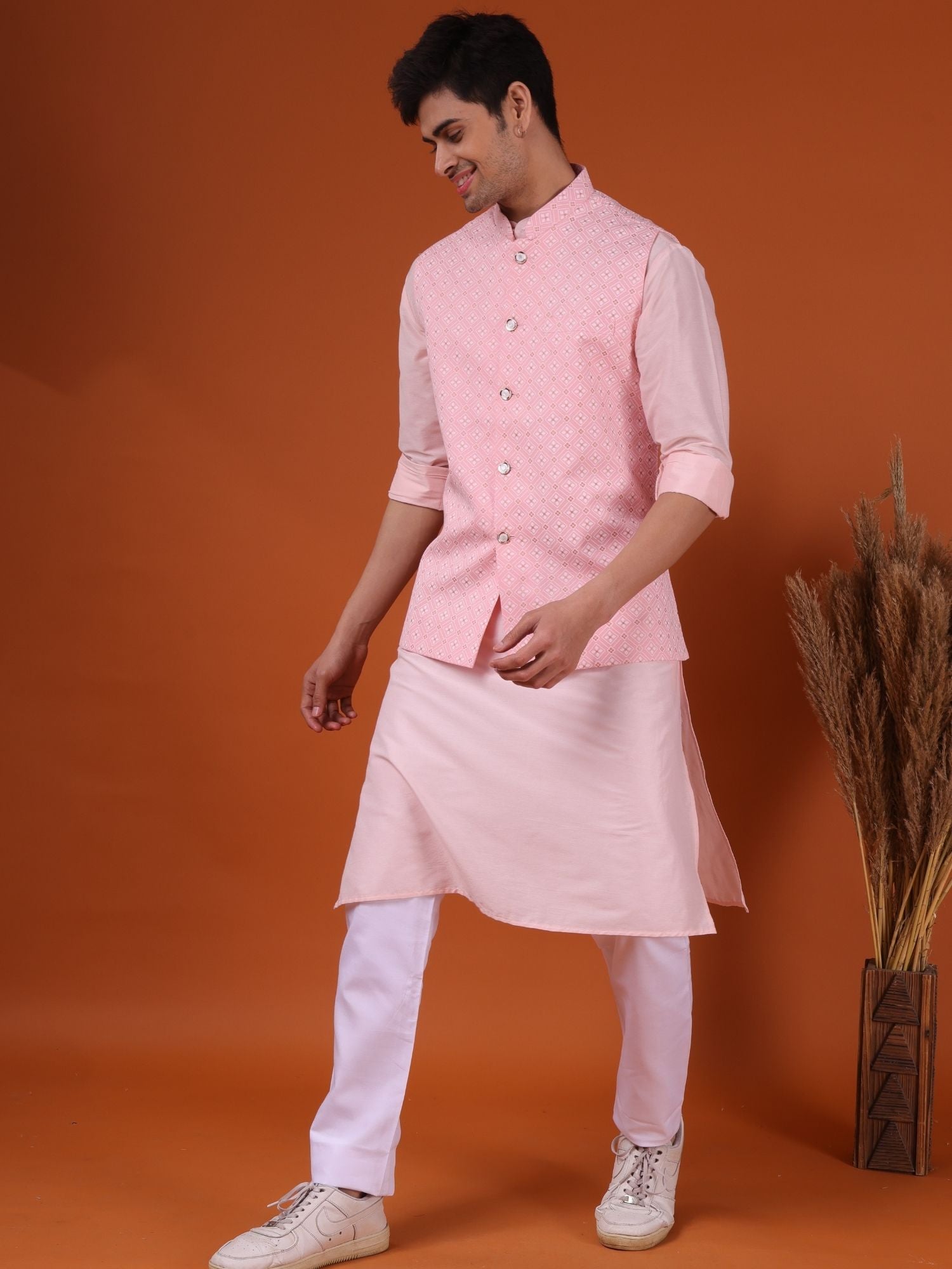Persion Pink Solid Pattern Cotton Silk Kurta Jacket Set