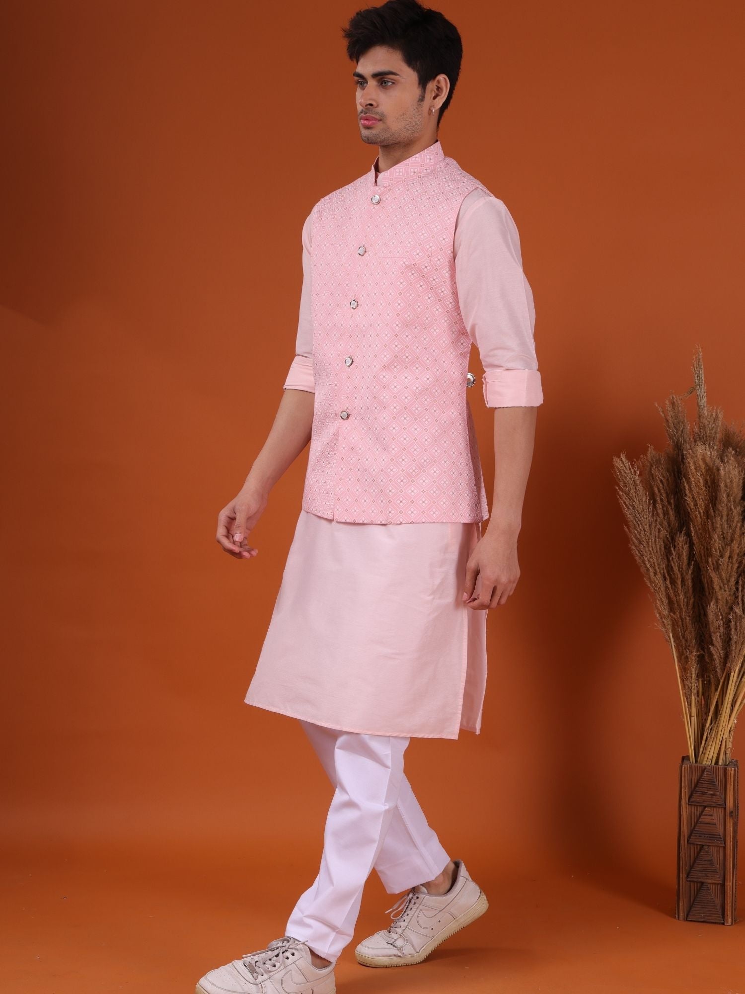 Persion Pink Solid Pattern Cotton Silk Kurta Jacket Set
