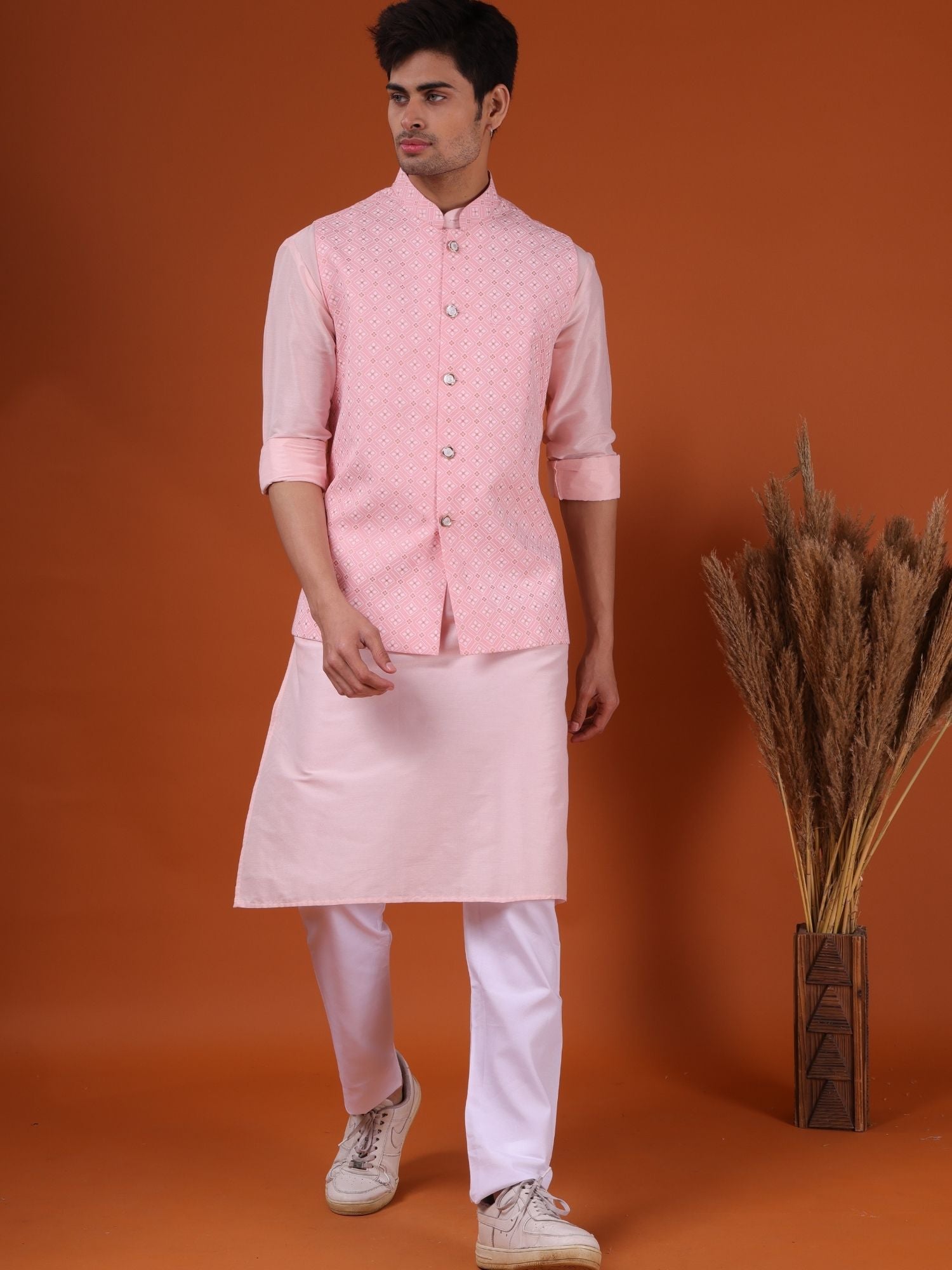 Persion Pink Solid Pattern Cotton Silk Kurta Jacket Set