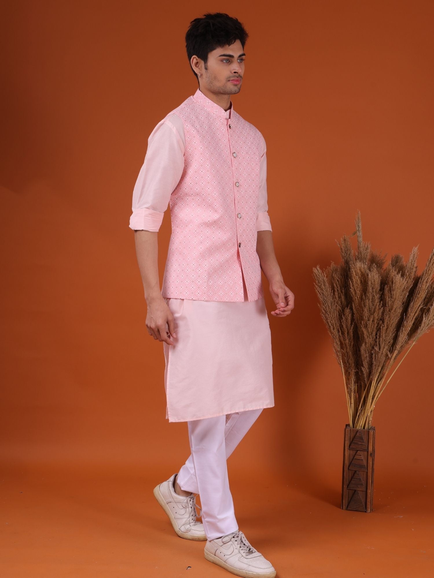 Persion Pink Solid Pattern Cotton Silk Kurta Jacket Set