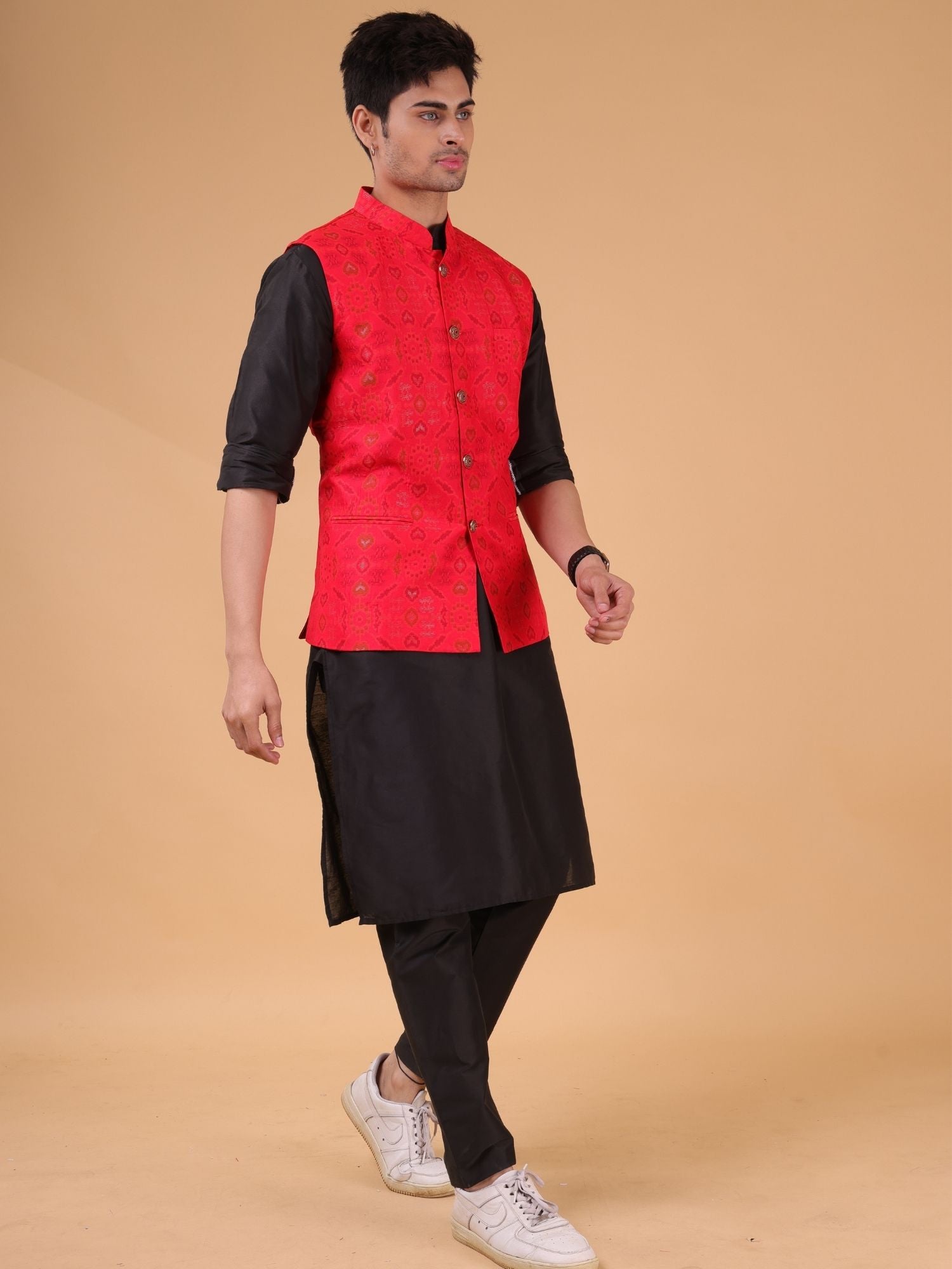 Jade Black Solid Pattern Cotton Silk Kurta Jacket Set