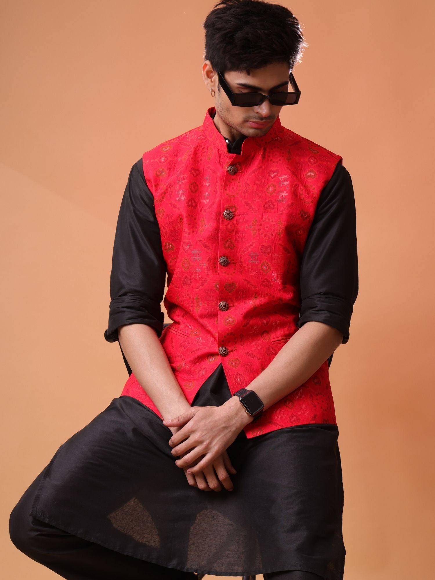 Jade Black Solid Pattern Cotton Silk Kurta Jacket Set