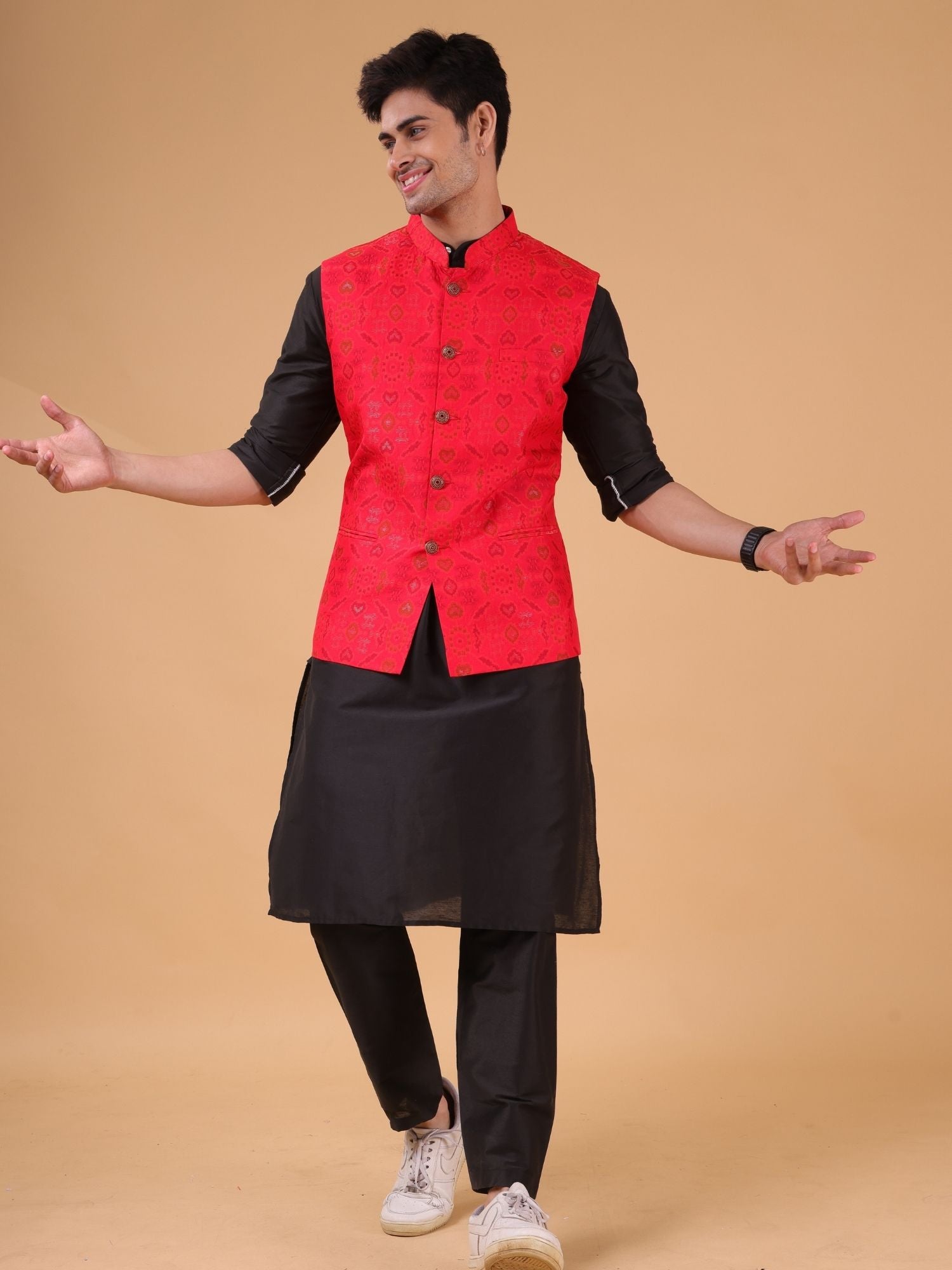 Jade Black Solid Pattern Cotton Silk Kurta Jacket Set