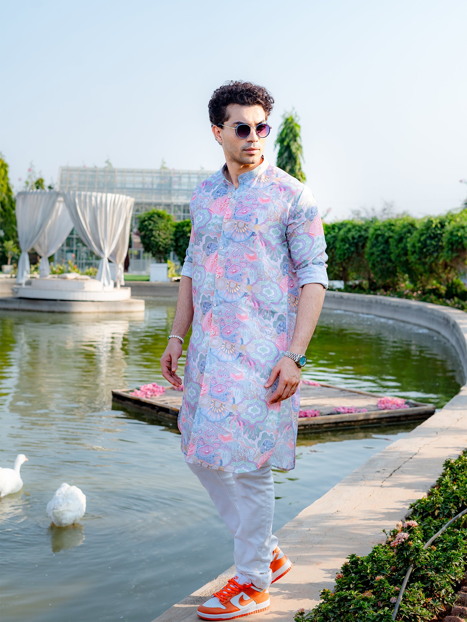 Tropical Green Floral Printed Cotton Kurta
