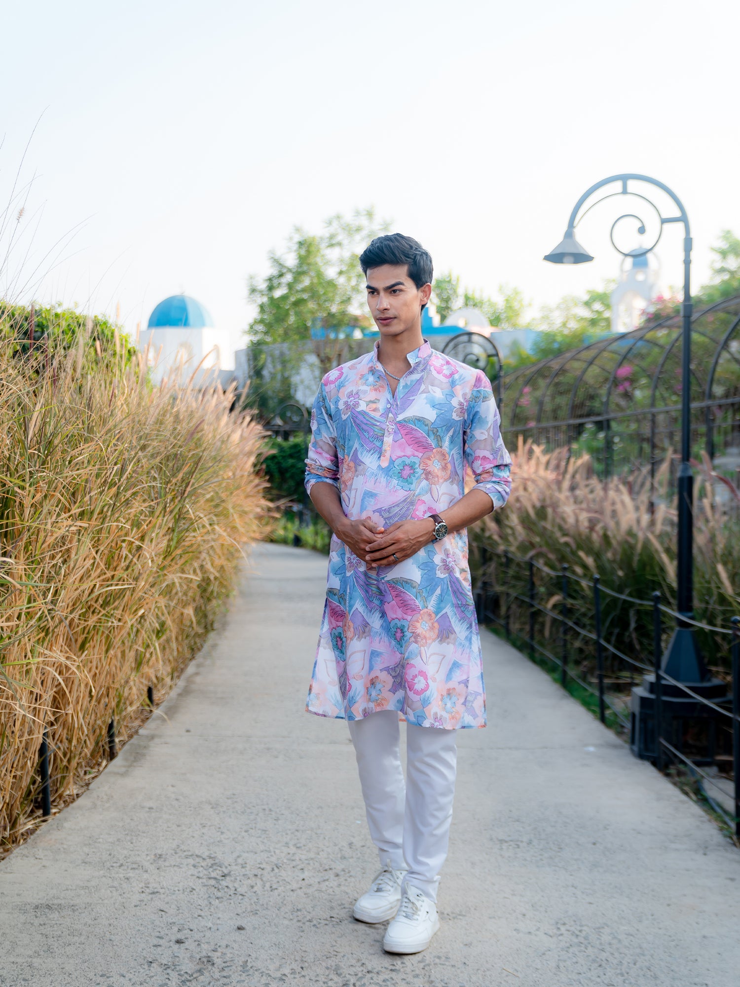 Azure Blue Floral Printed Cotton Kurta