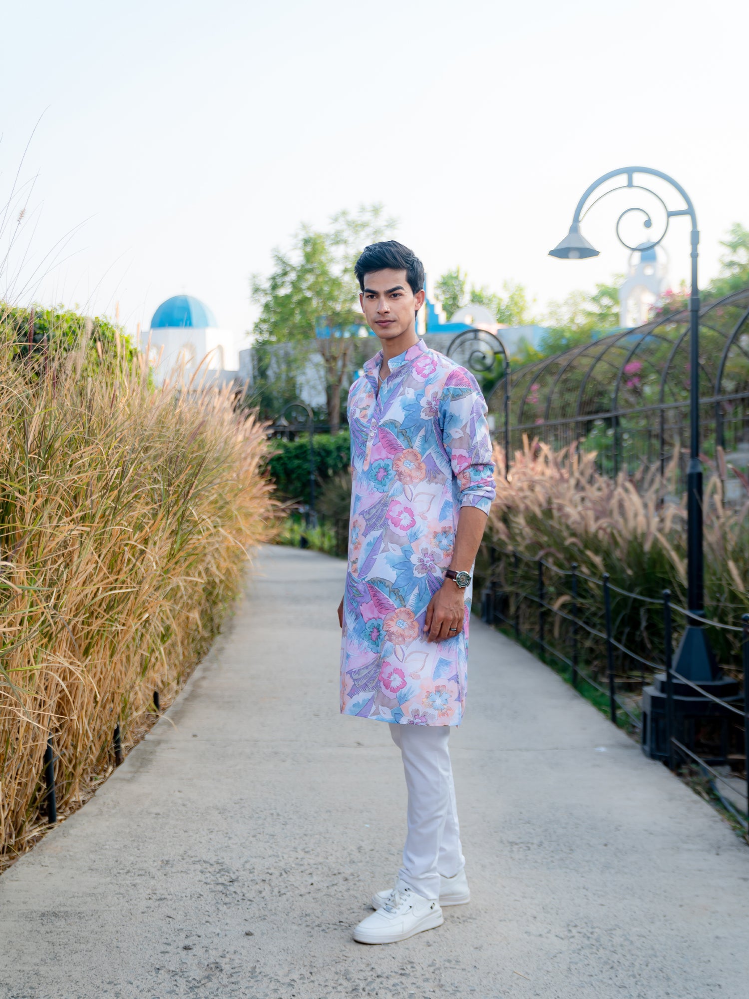 Azure Blue Floral Printed Cotton Kurta