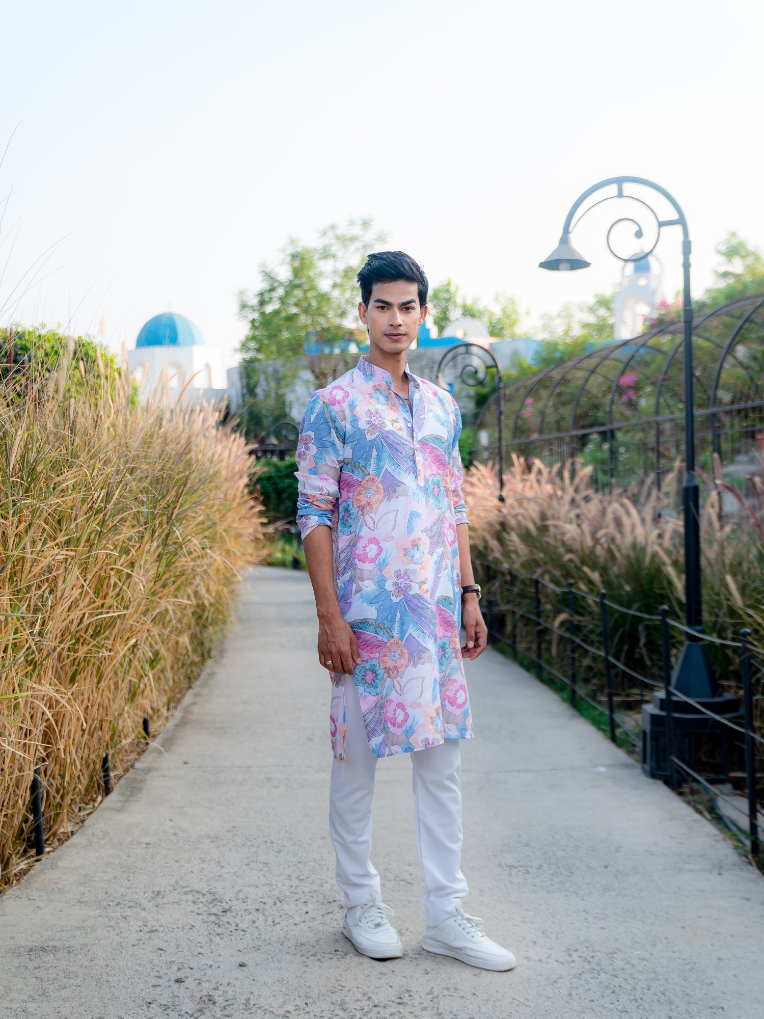 Azure Blue Floral Printed Cotton Kurta