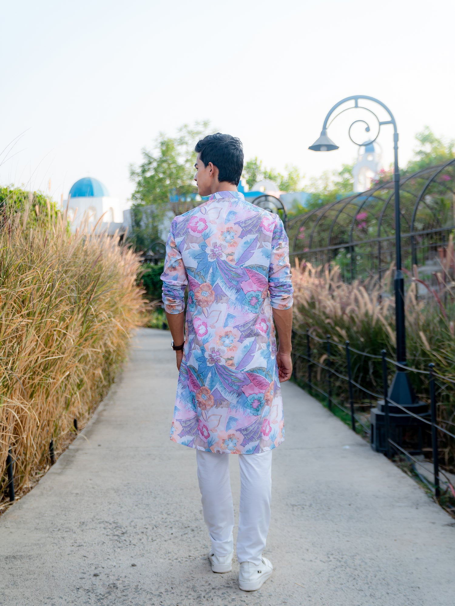 Azure Blue Floral Printed Cotton Kurta
