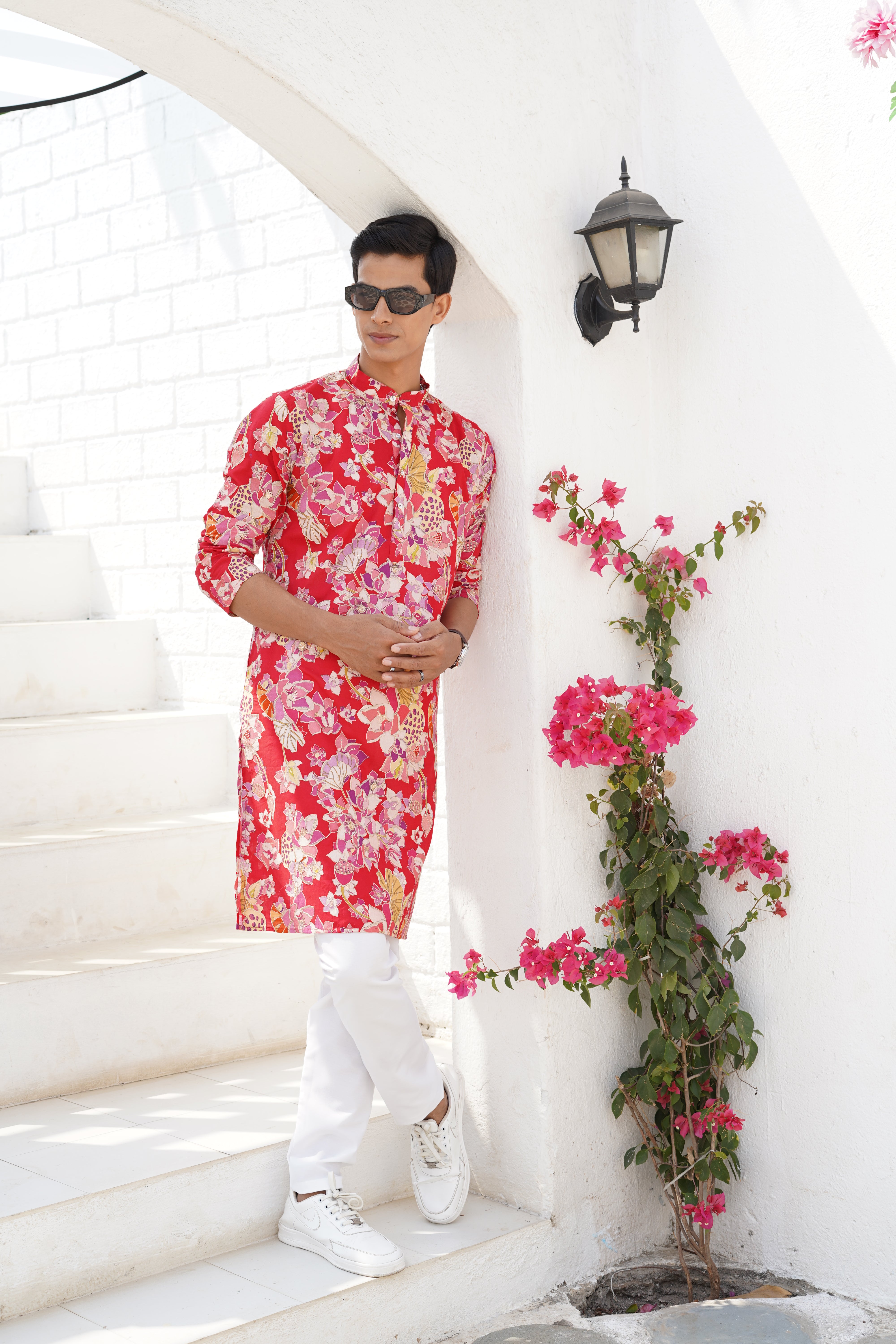 Crimson Red Floral Printed Cotton Kurta