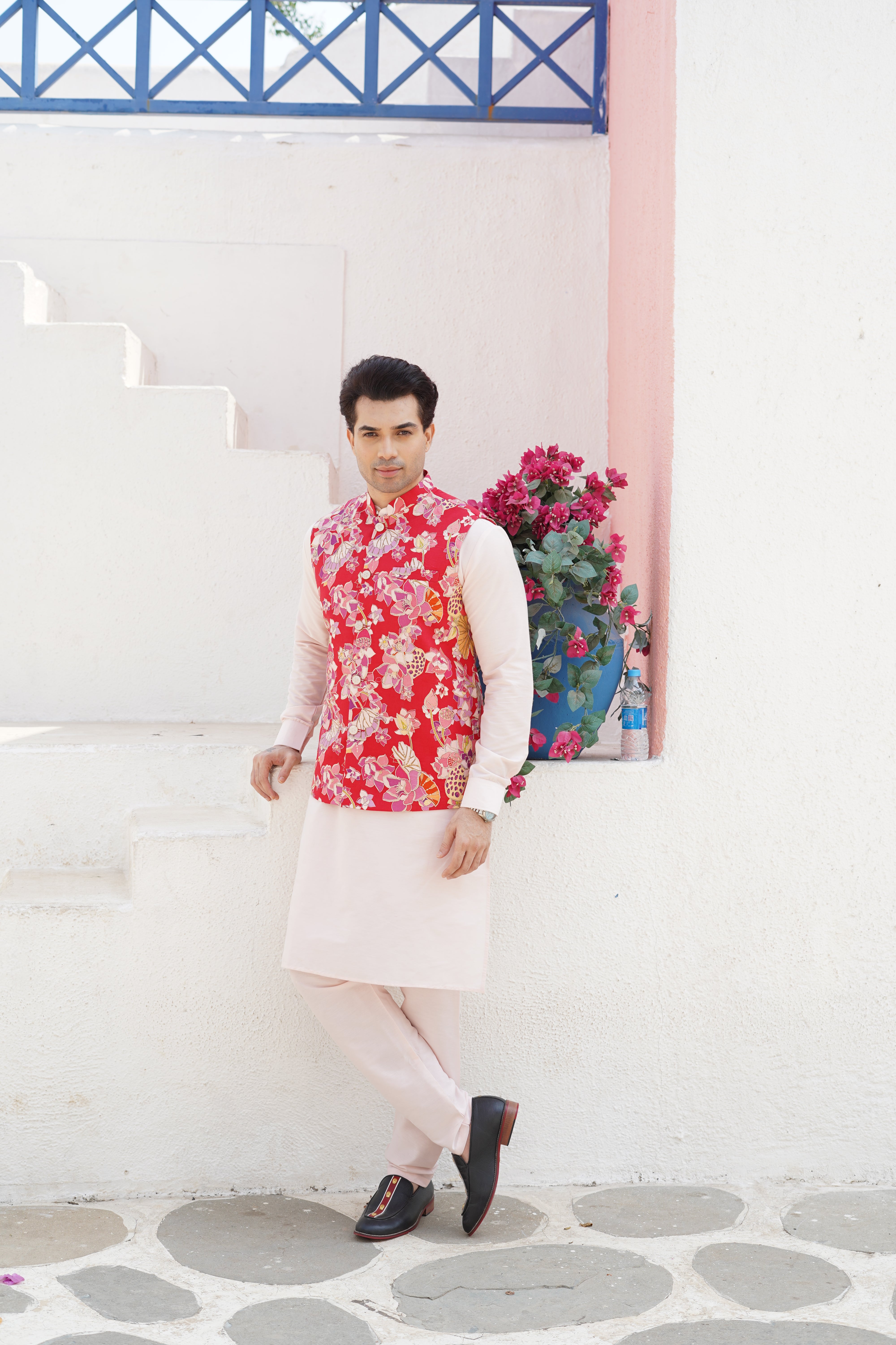 Crimson Red Solid Pattern Cotton Kurta Jacket Set