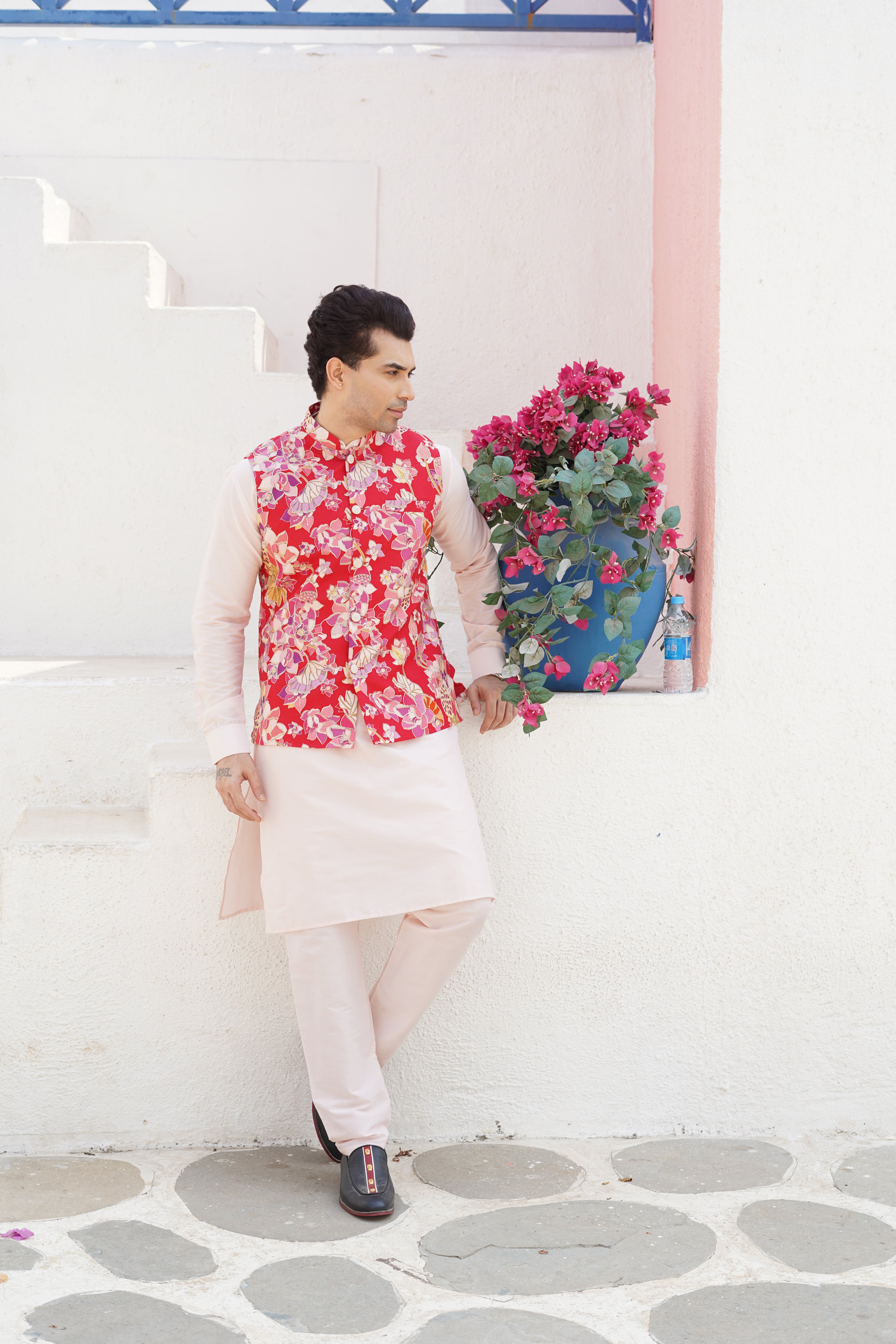 Crimson Red Solid Pattern Cotton Kurta Jacket Set