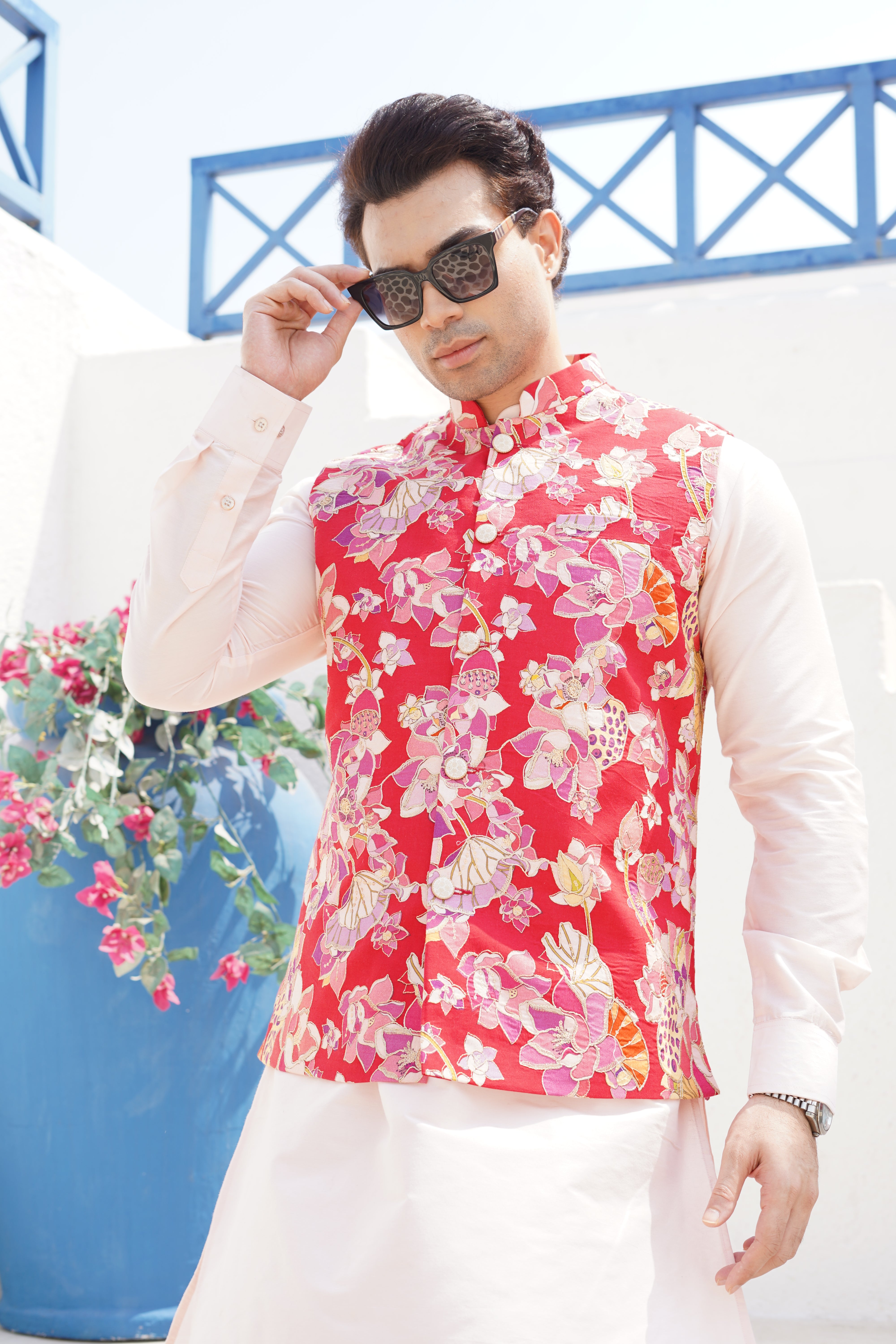 Crimson Red Solid Pattern Cotton Kurta Jacket Set